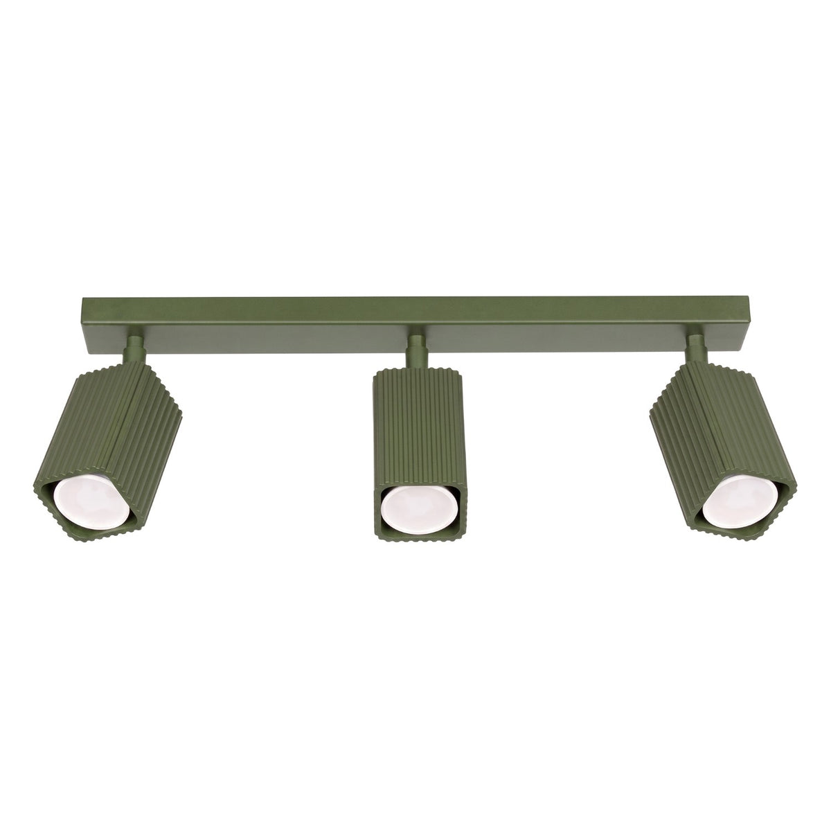 Plafonnier Rayo 3L cannelé laque vert olive à trois spots vu de face sur fond blanc
