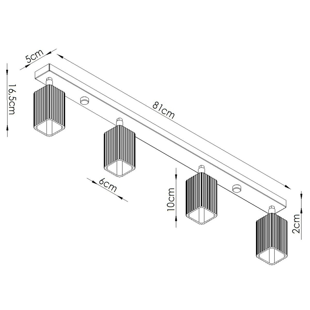 Croquis coté du plafonnier Rayo 4L longueur 81 cm et spots de 6 cm sur 10 cm