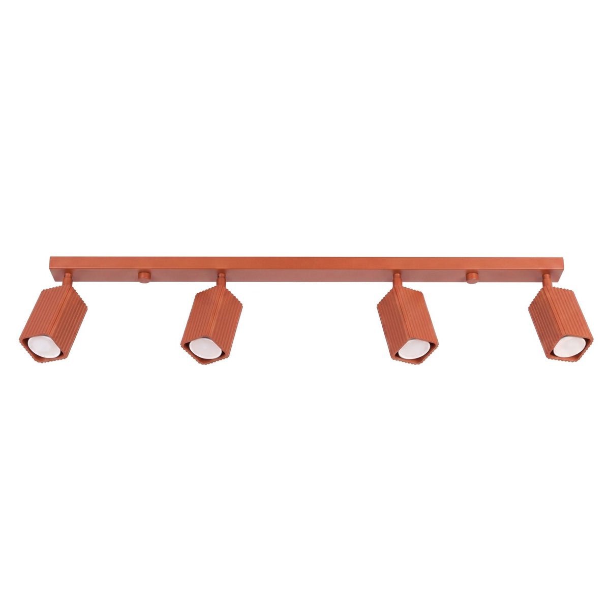 Plafonnier Rayo 4L cannelé laque rouge ocre à quatre spots vu de face sur fond blanc