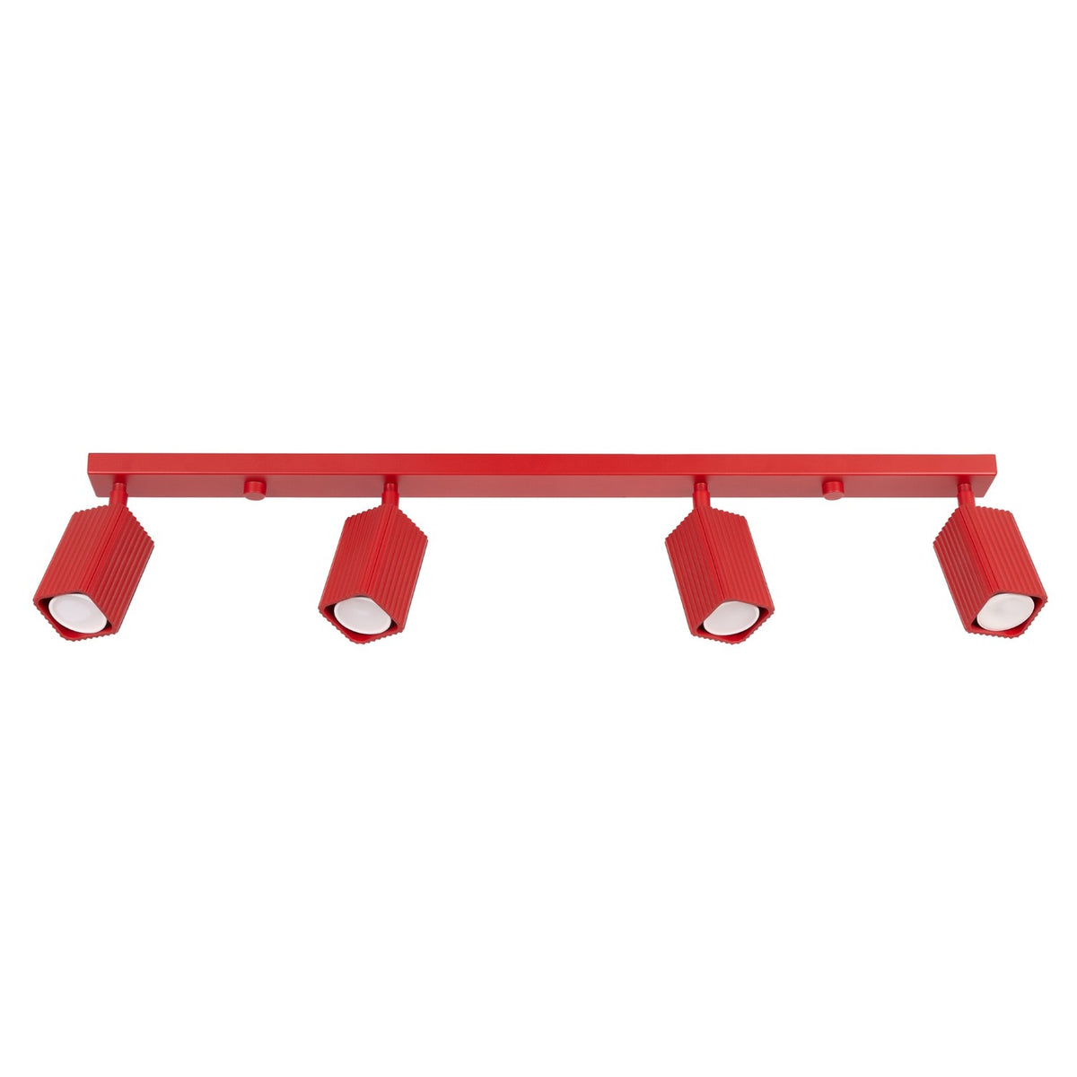 Plafonnier Rayo 4L cannelé laque rouge à quatre spots vu de face sur fond blanc