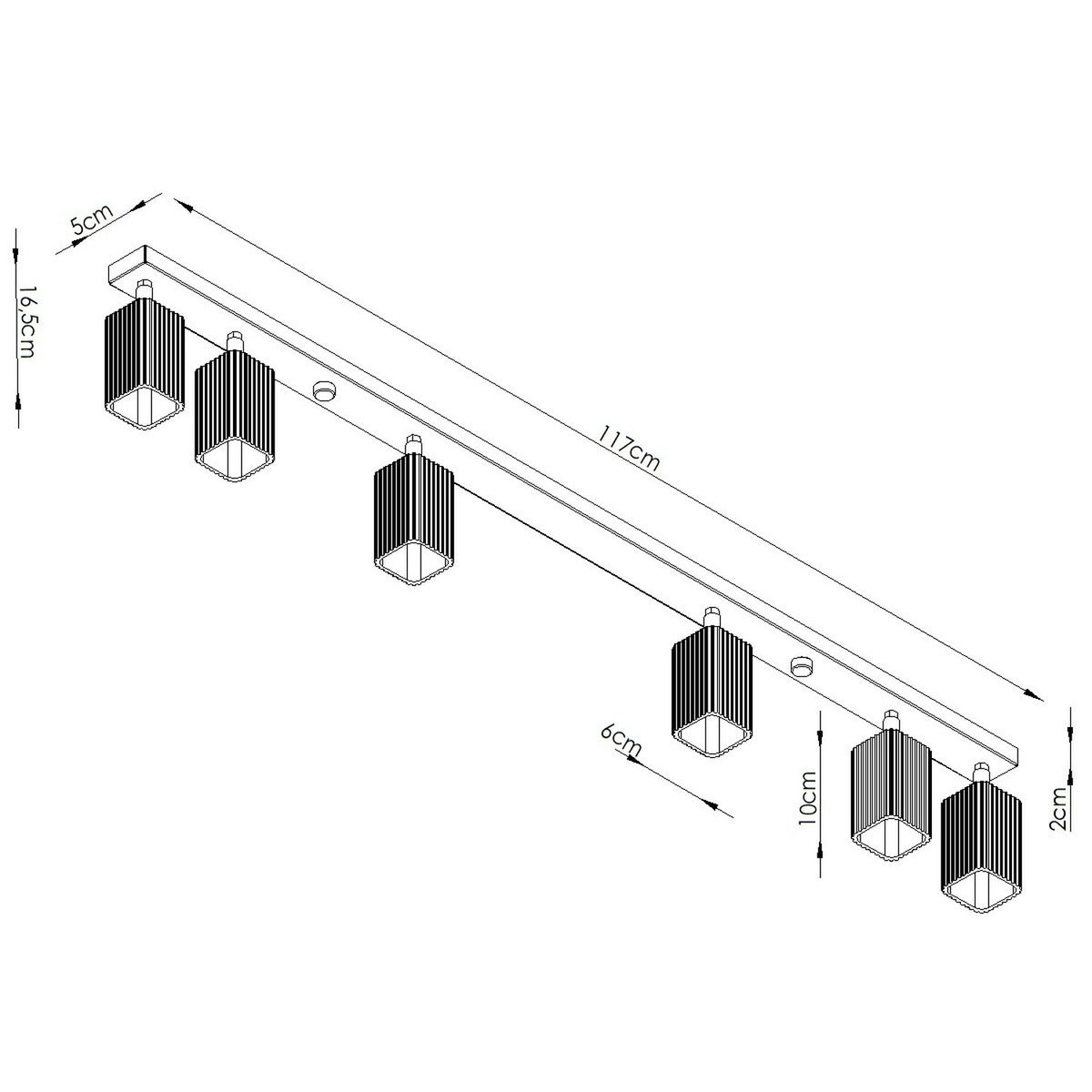Croquis coté du plafonnier Rayo 6L longueur 117 cm et spots de 6 cm sur 10 cm