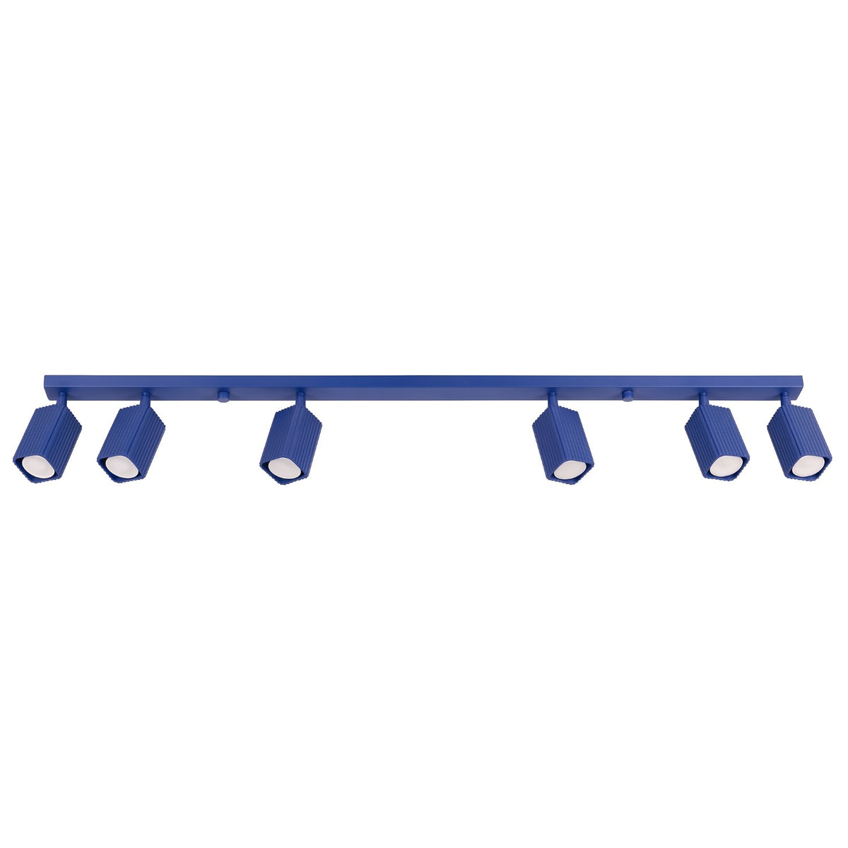 Plafonnier Rayo 6L cannelé laque bleu outremer à six spots vu de face sur fond blanc