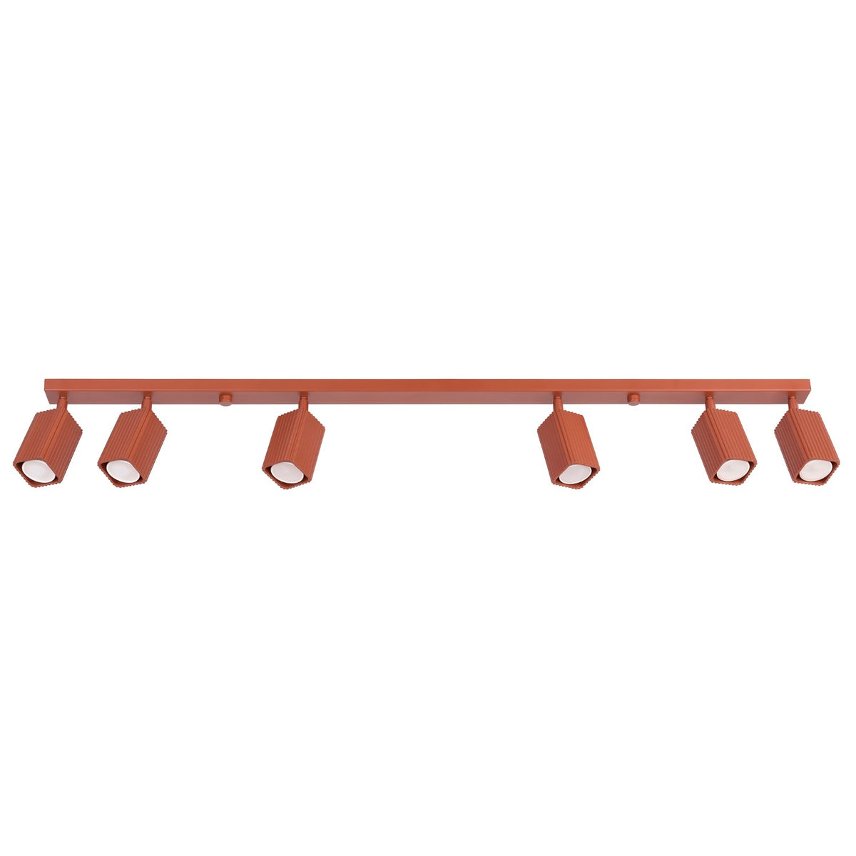 Plafonnier Rayo 6L cannelé laque rouge ocre à six spots vu de face sur fond blanc