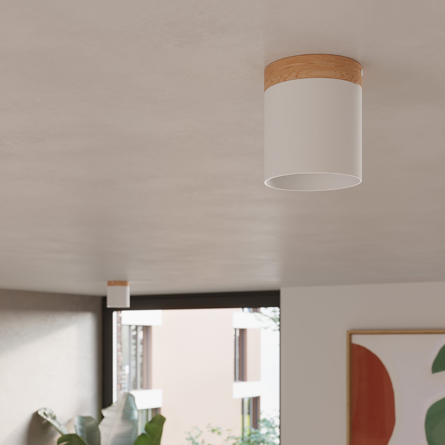 Plafonnier Rif bois et acier blanc GU10 en situation dans un intérieur