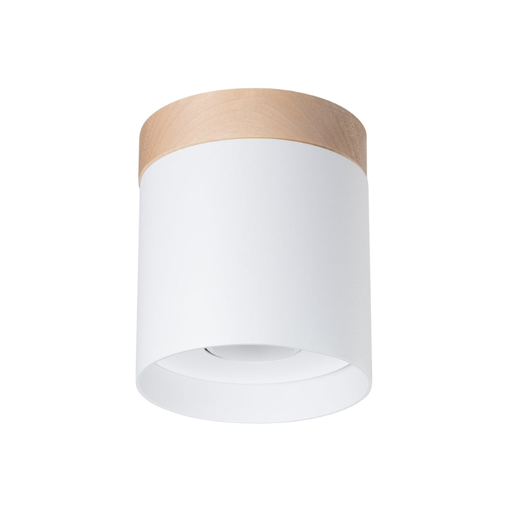 Plafonnier Rif bois et acier blanc GU10, cylindre en acier blanc coiffé d'une calotte en bois naturel