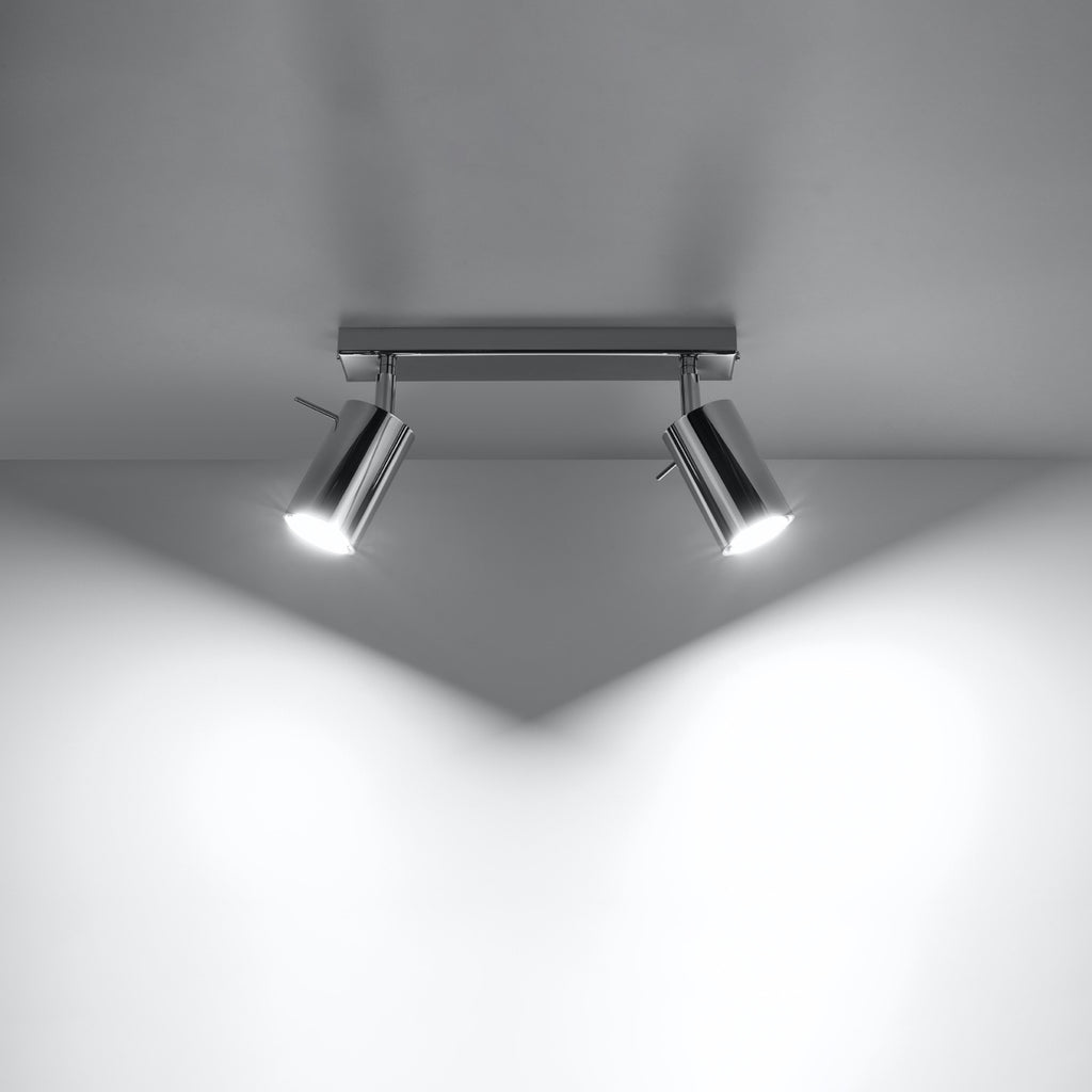 Plafonnier Ring 2 en acier chromé, deux spots tubes orientables sur une barre, tête orientable