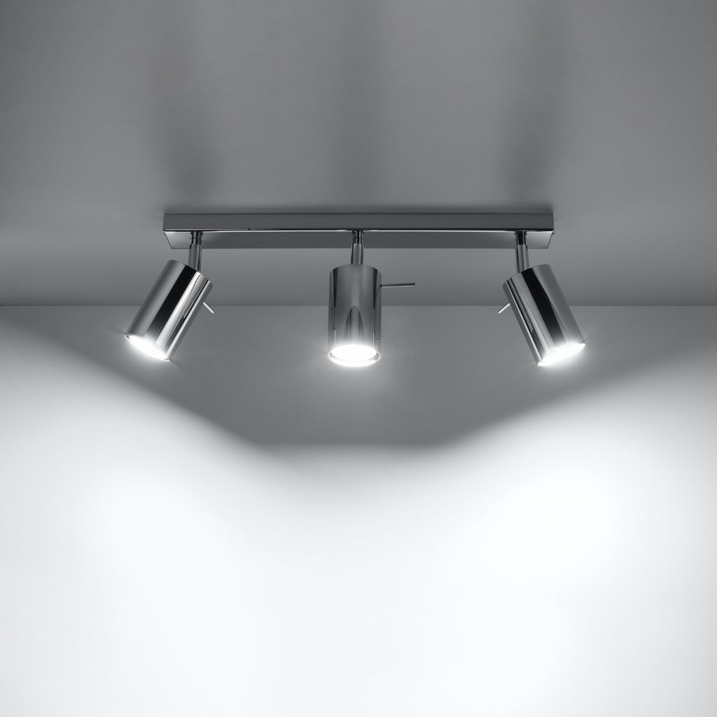 Plafonnier Ring 3 en acier chromé, trois spots tubes orientables sur une barre, tête orientable