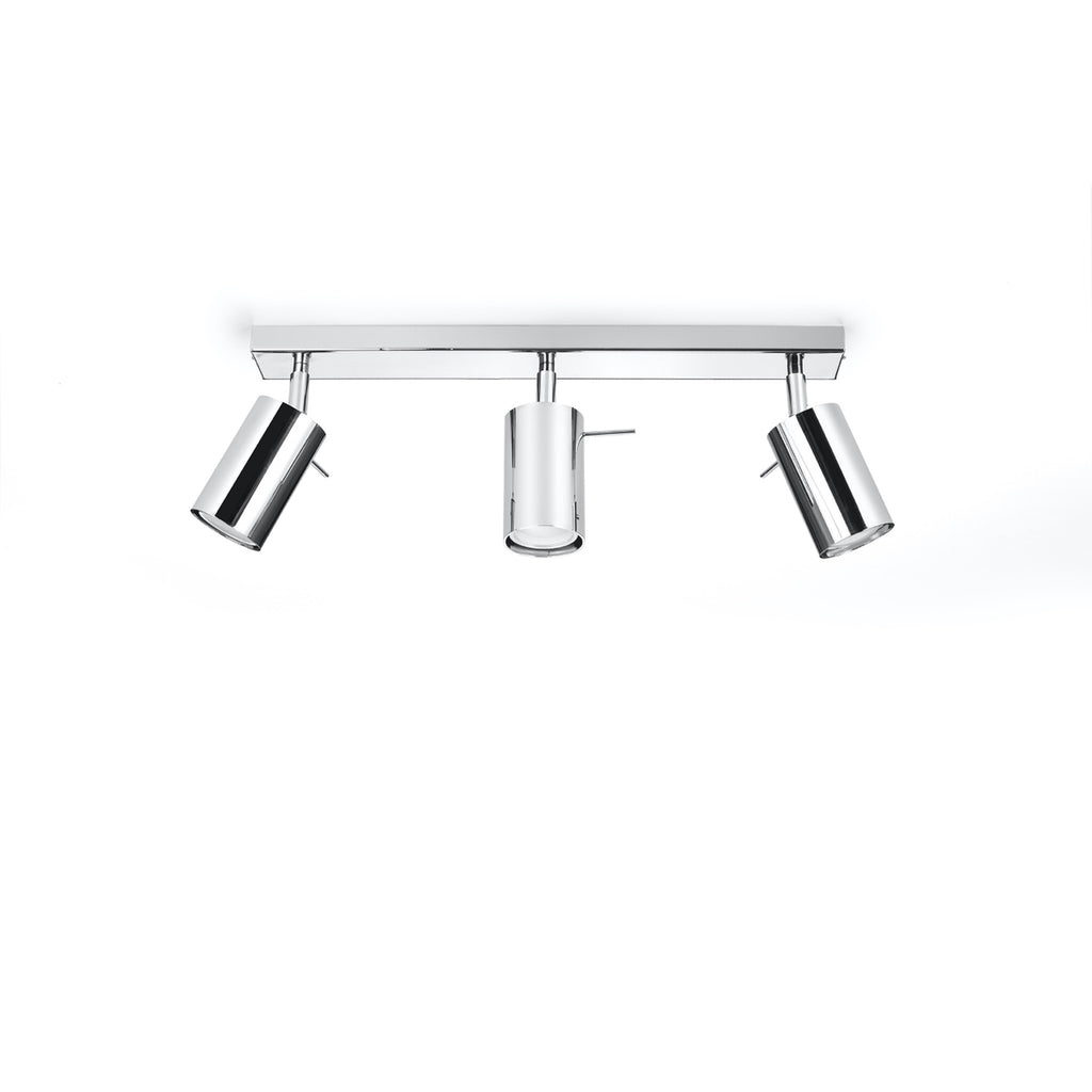 Plafonnier Ring 3 en acier chromé, trois spots tubes orientables sur une barre, vue de profil