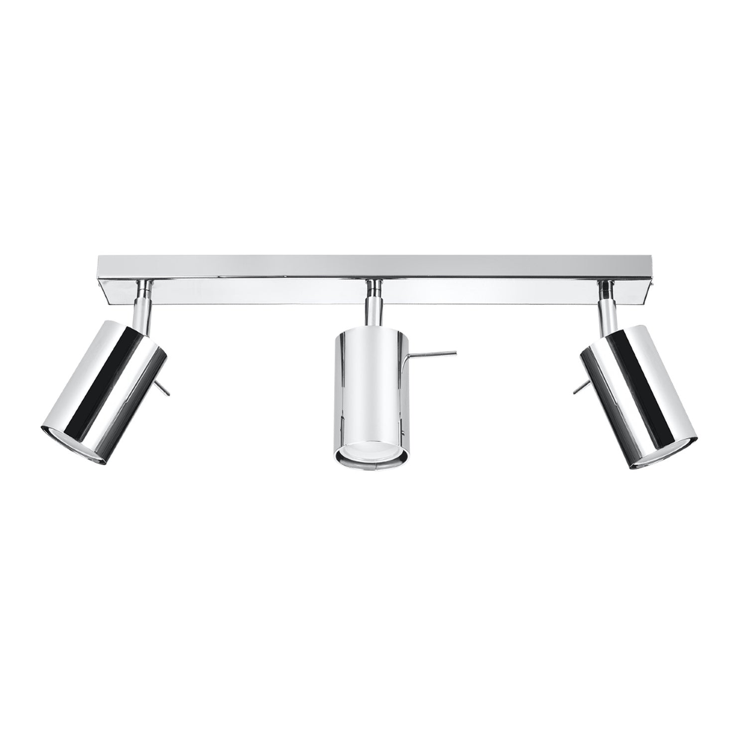 Plafonnier Ring 3 en acier chromé, trois spots tubes orientables sur une barre, vue de face