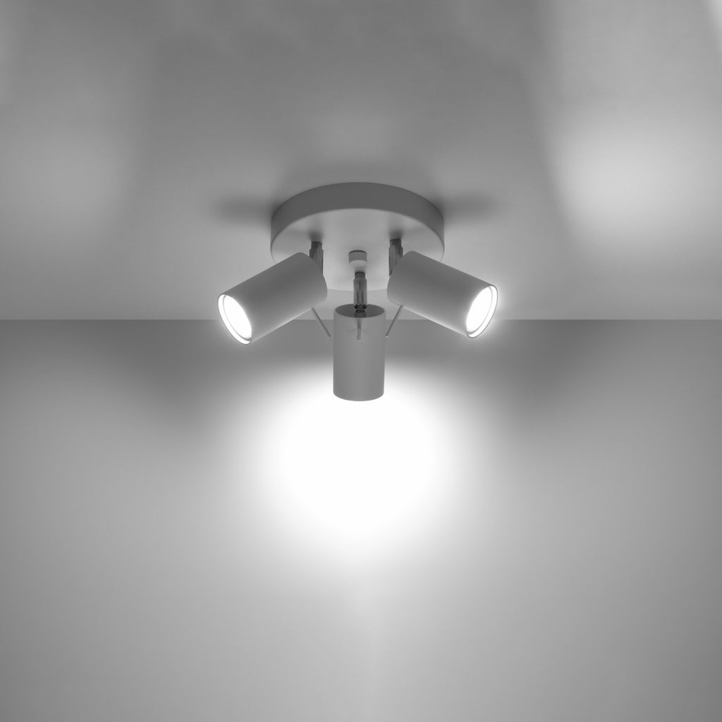 Plafonnier Ring 3 spots rond acier blanc allumé, trois faisceaux orientables
