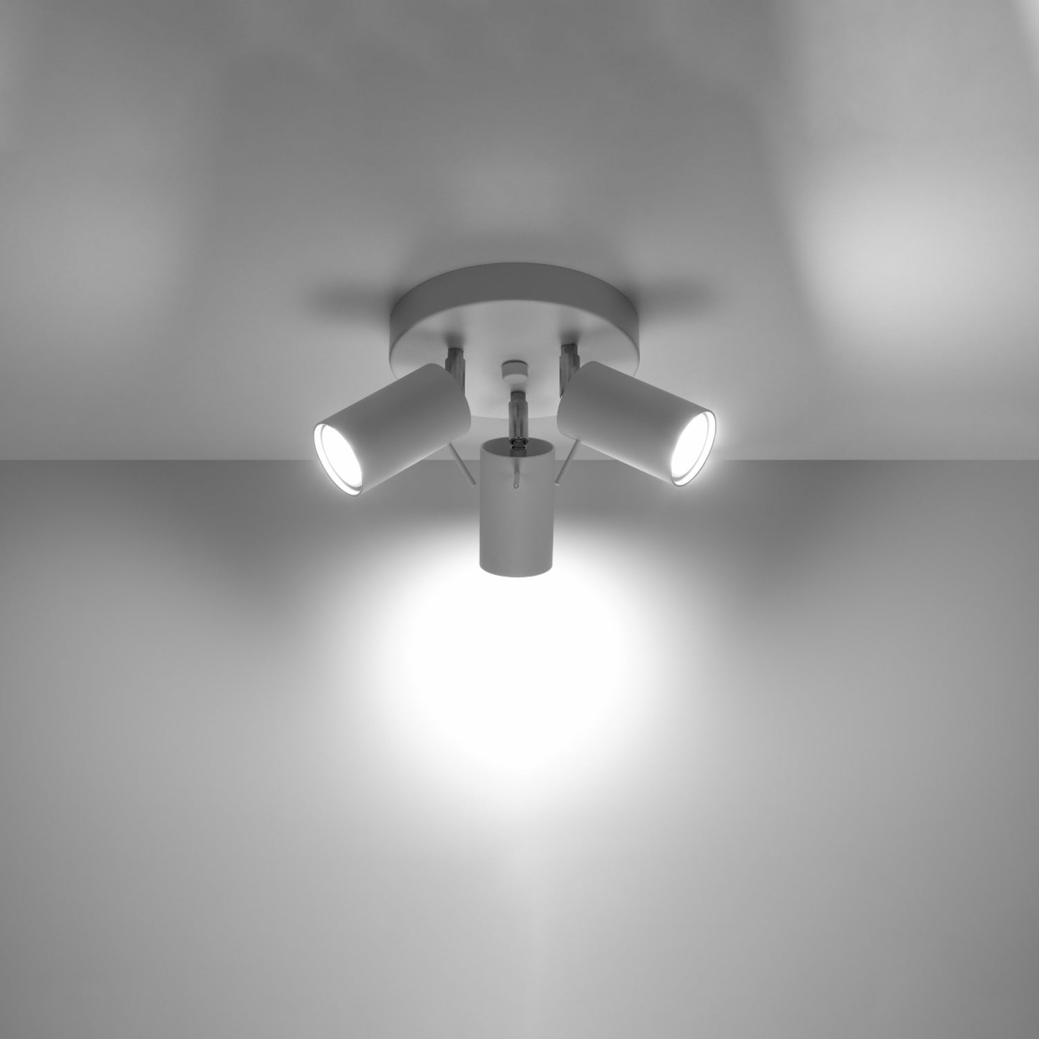 Plafonnier Ring 3 spots rond acier blanc allumé, trois faisceaux orientables