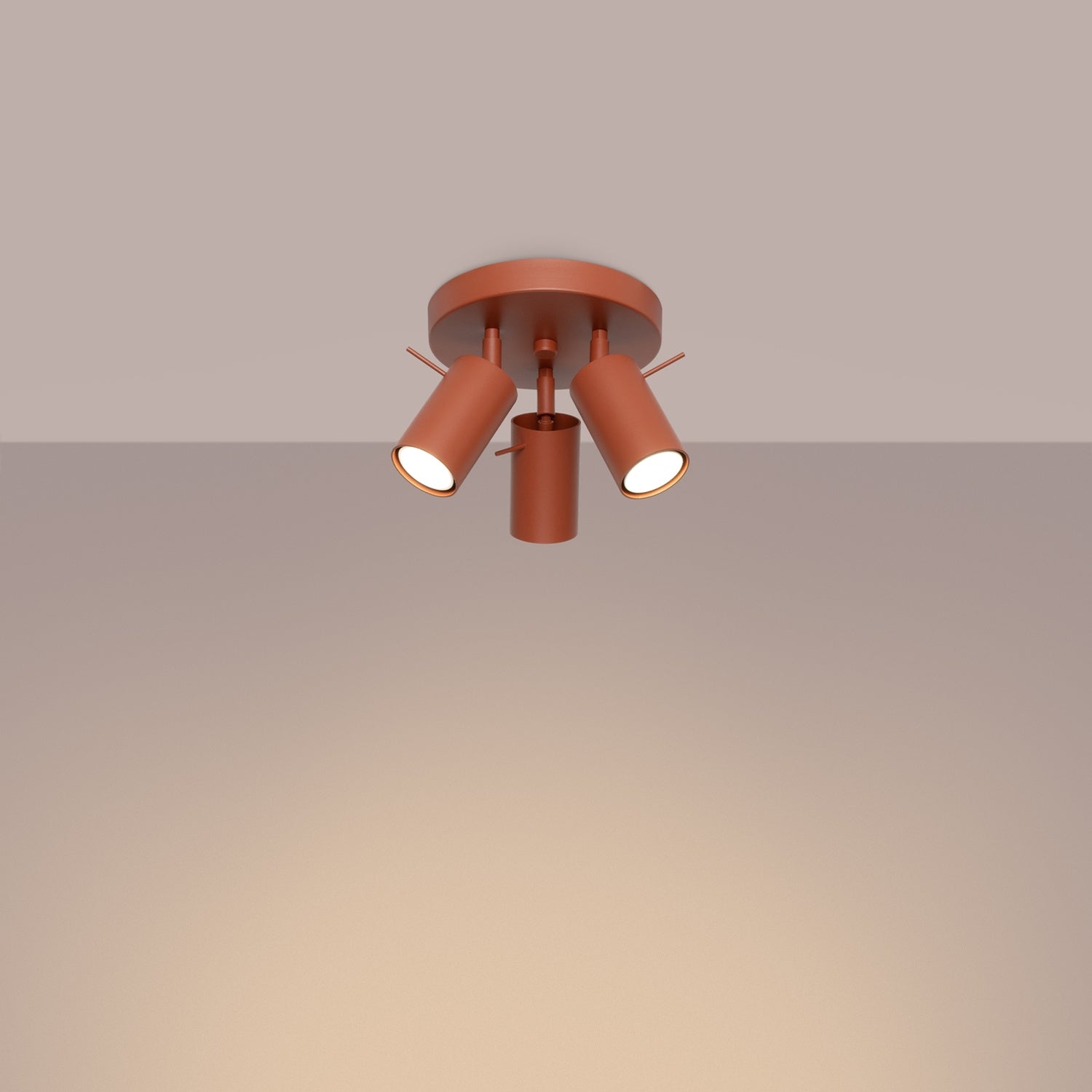 Plafonnier Ring 3 spots rond acier rouge ocre GU10 allumé