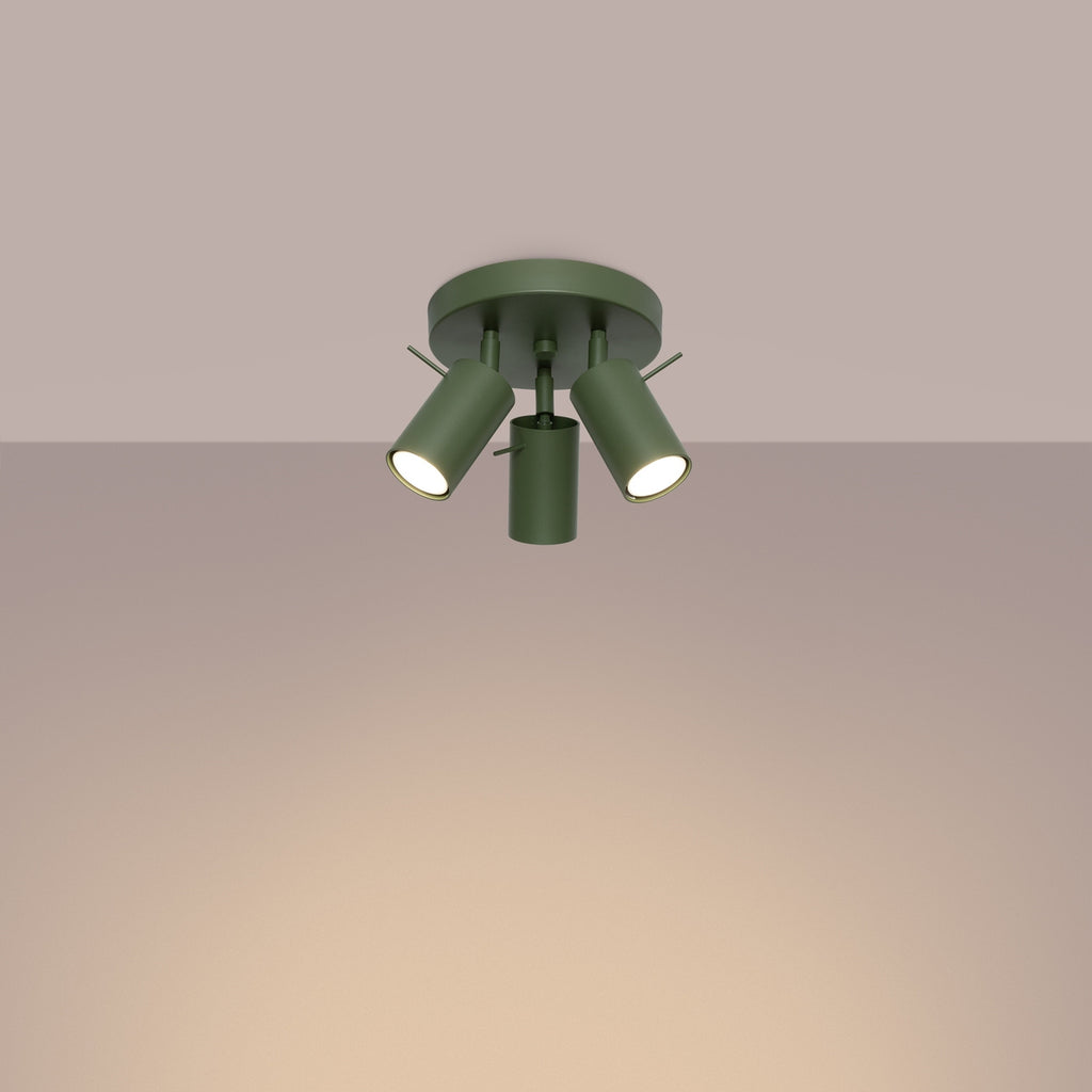 Plafonnier Ring 3 spots rond acier vert olive GU10 allumé