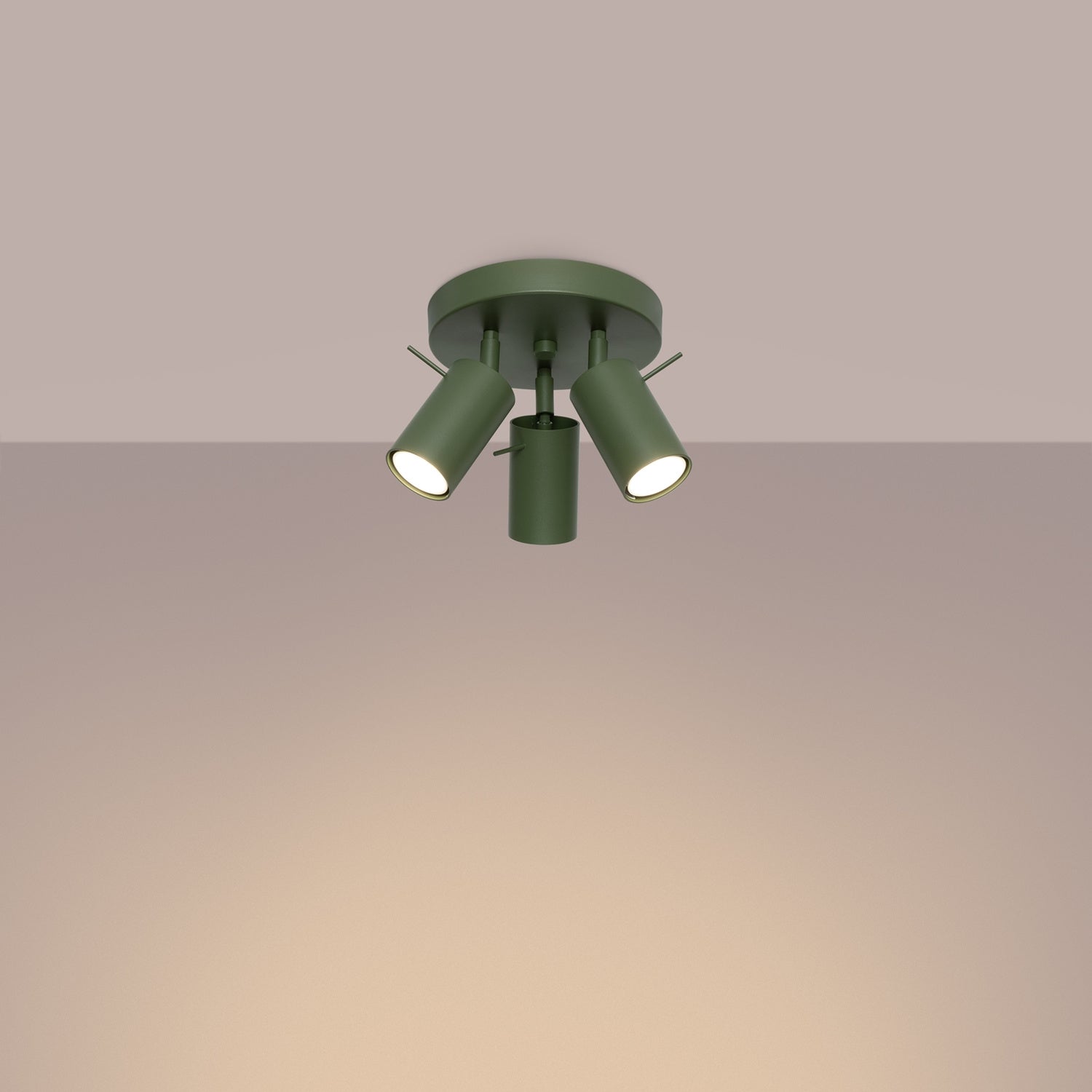 Plafonnier Ring 3 spots rond acier vert olive GU10 allumé