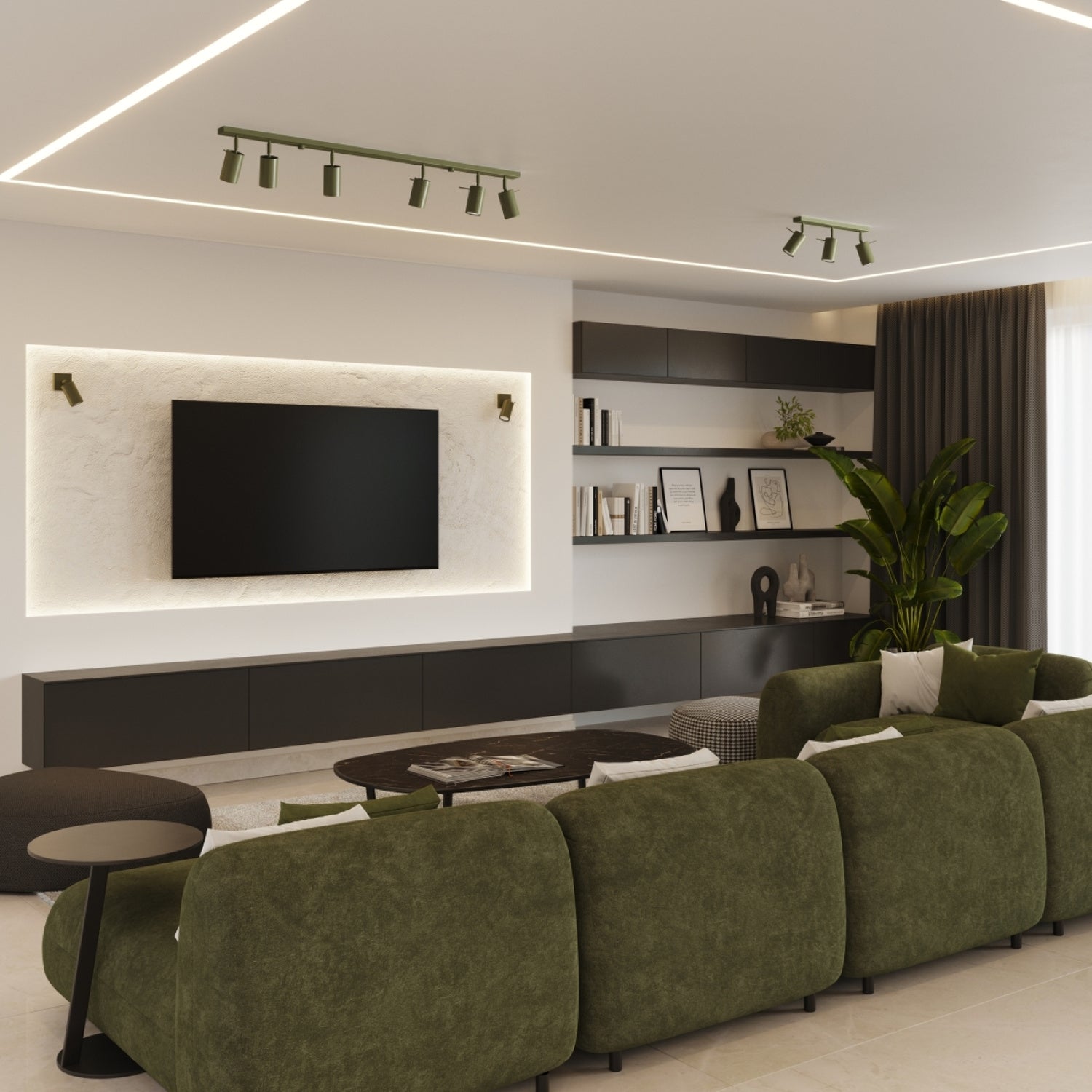 Plafonnier Ring 3 spots rond acier vert olive GU10, ambiance chaleureuse