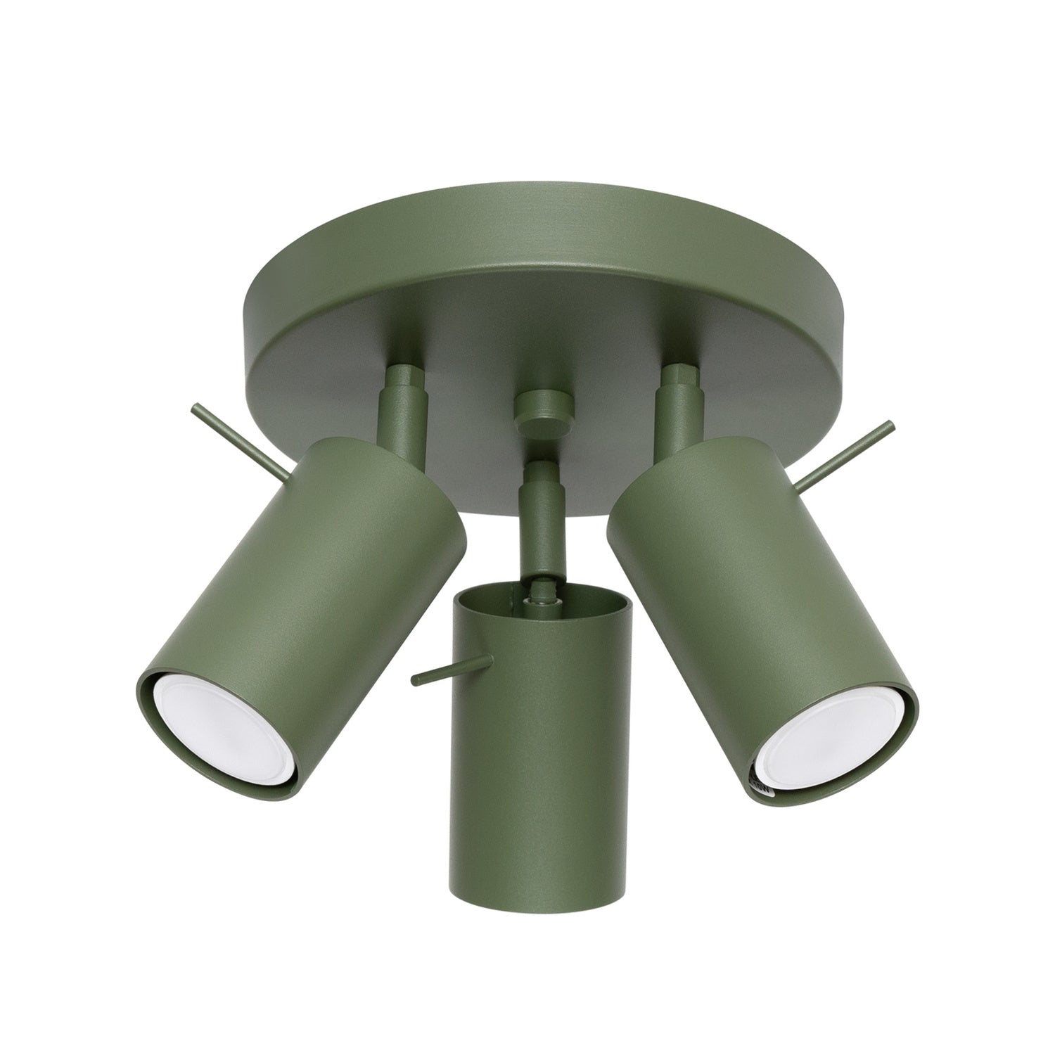 Plafonnier Ring 3 spots rond acier vert olive GU10, spot cylindrique orientable en acier laqué