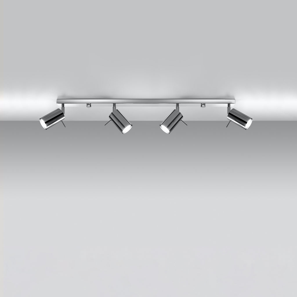 Plafonnier Ring rampe 4 spots en acier chromé, spots tubes orientables sur une longue barre, tête orientable