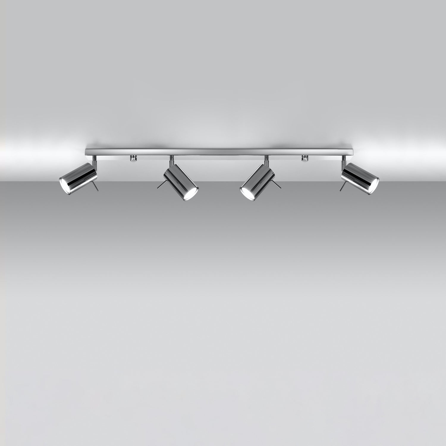 Plafonnier Ring rampe 4 spots en acier chromé, spots tubes orientables sur une longue barre, tête orientable