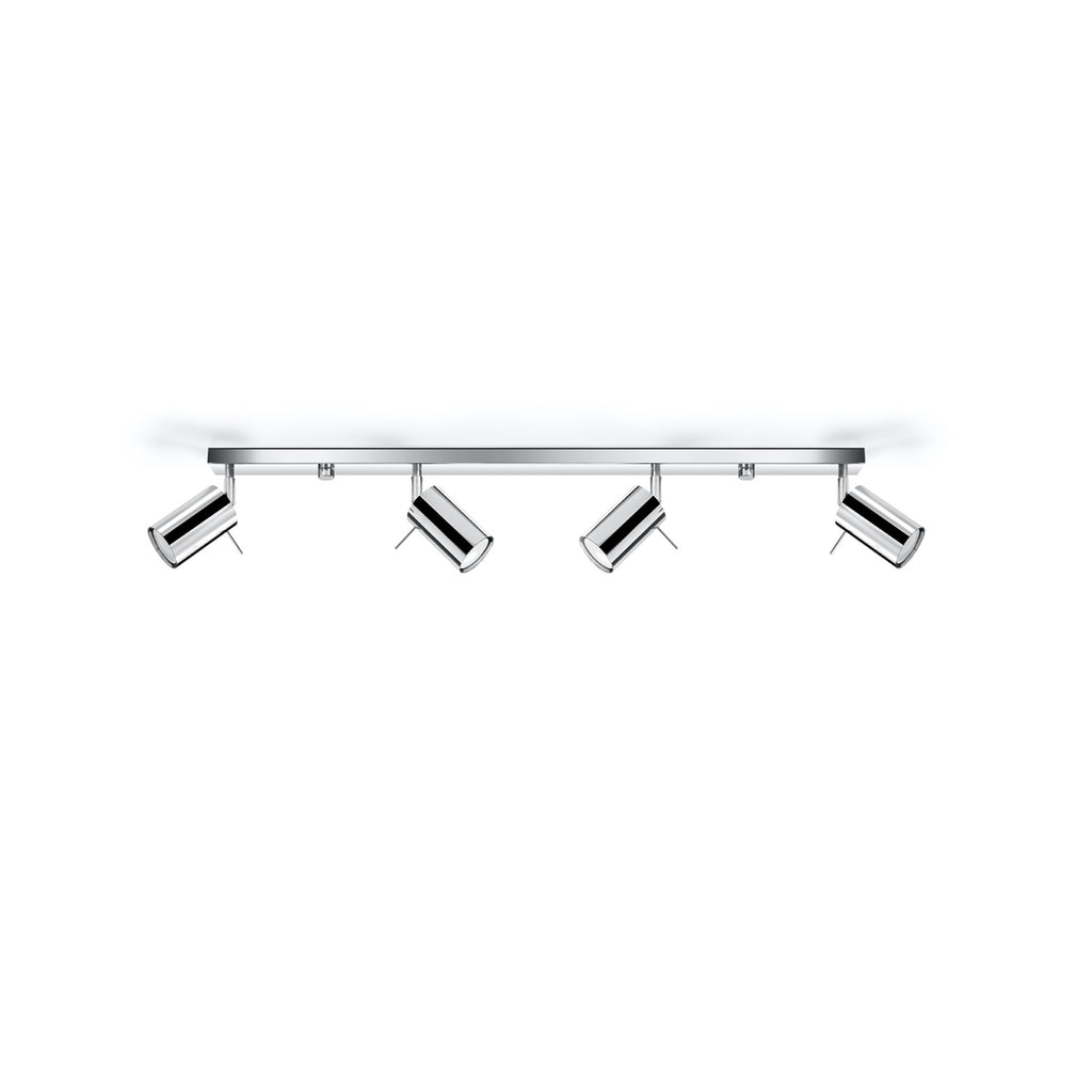 Plafonnier Ring rampe 4 spots en acier chromé, spots tubes orientables sur une longue barre, vue de profil
