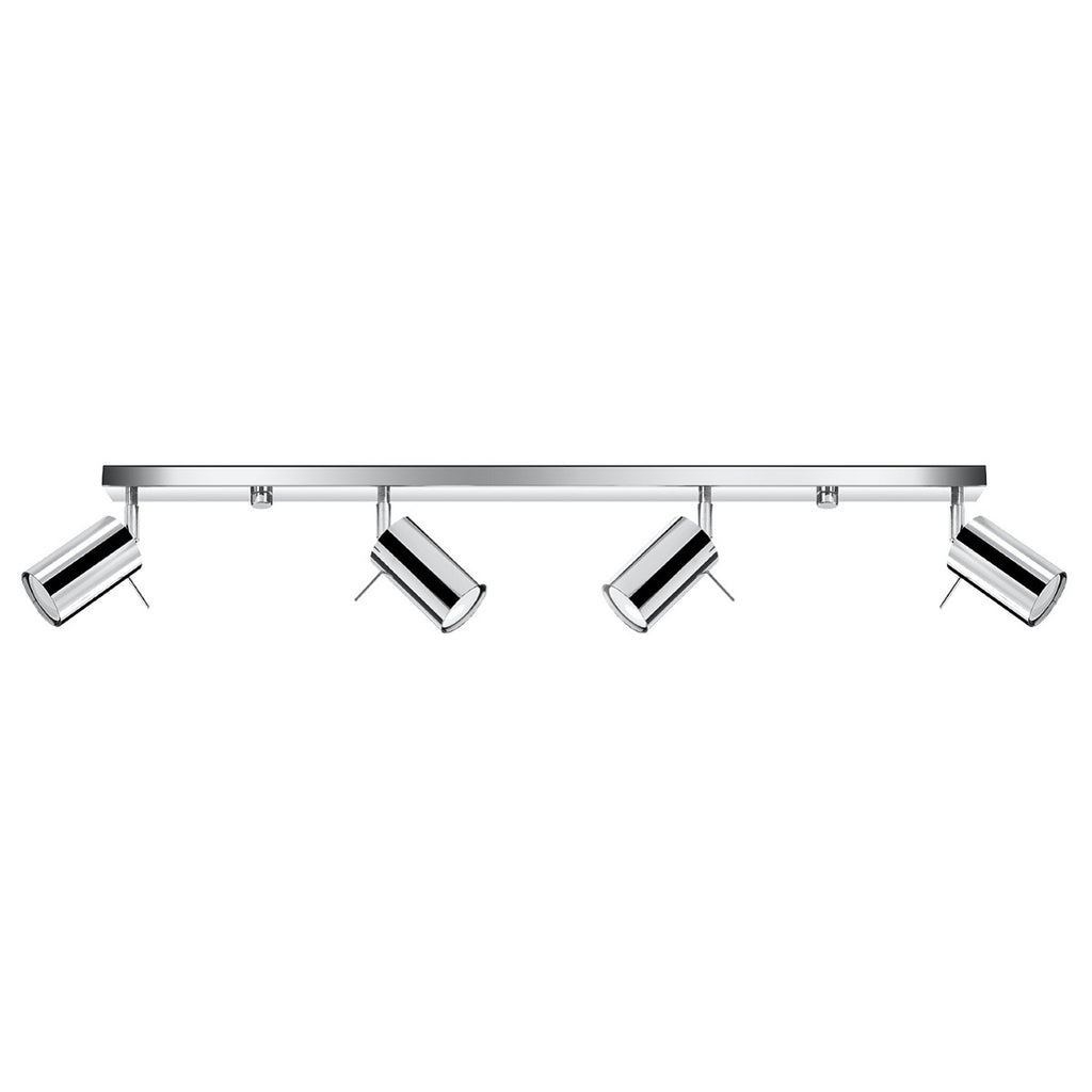 Plafonnier Ring rampe 4 spots en acier chromé, spots tubes orientables sur une longue barre, vue de face