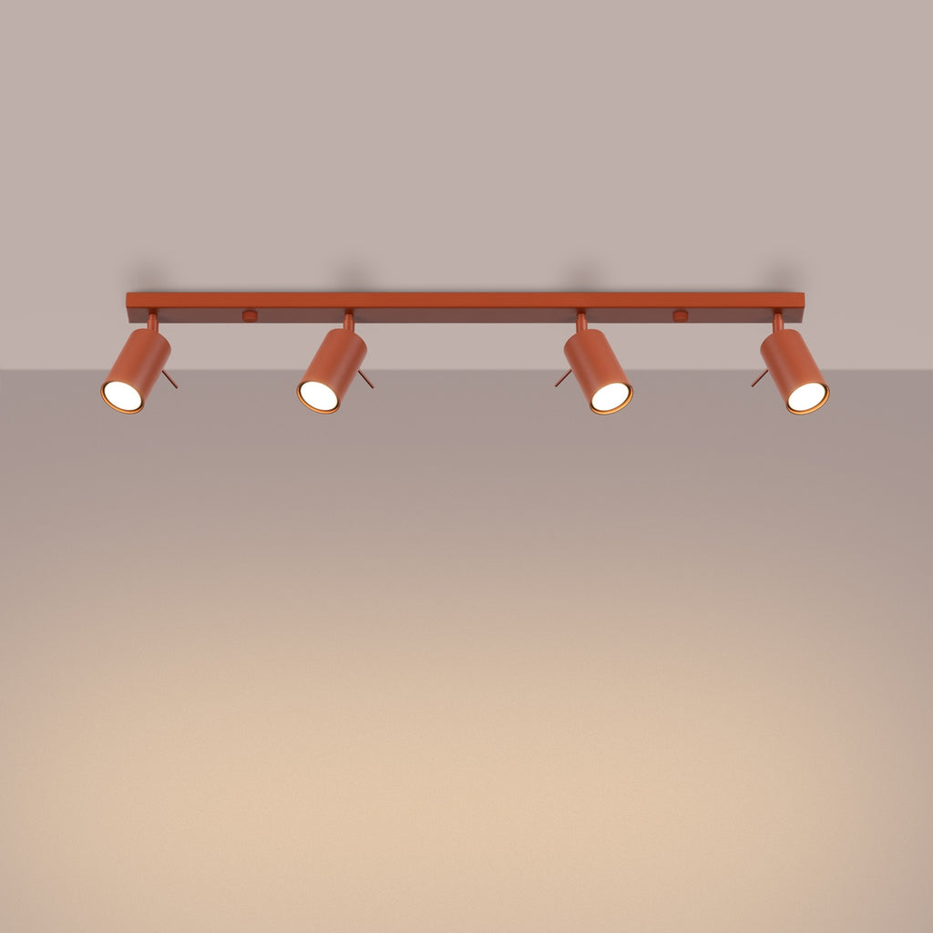 Plafonnier Ring rampe 4 spots acier rouge ocre GU10 allumé