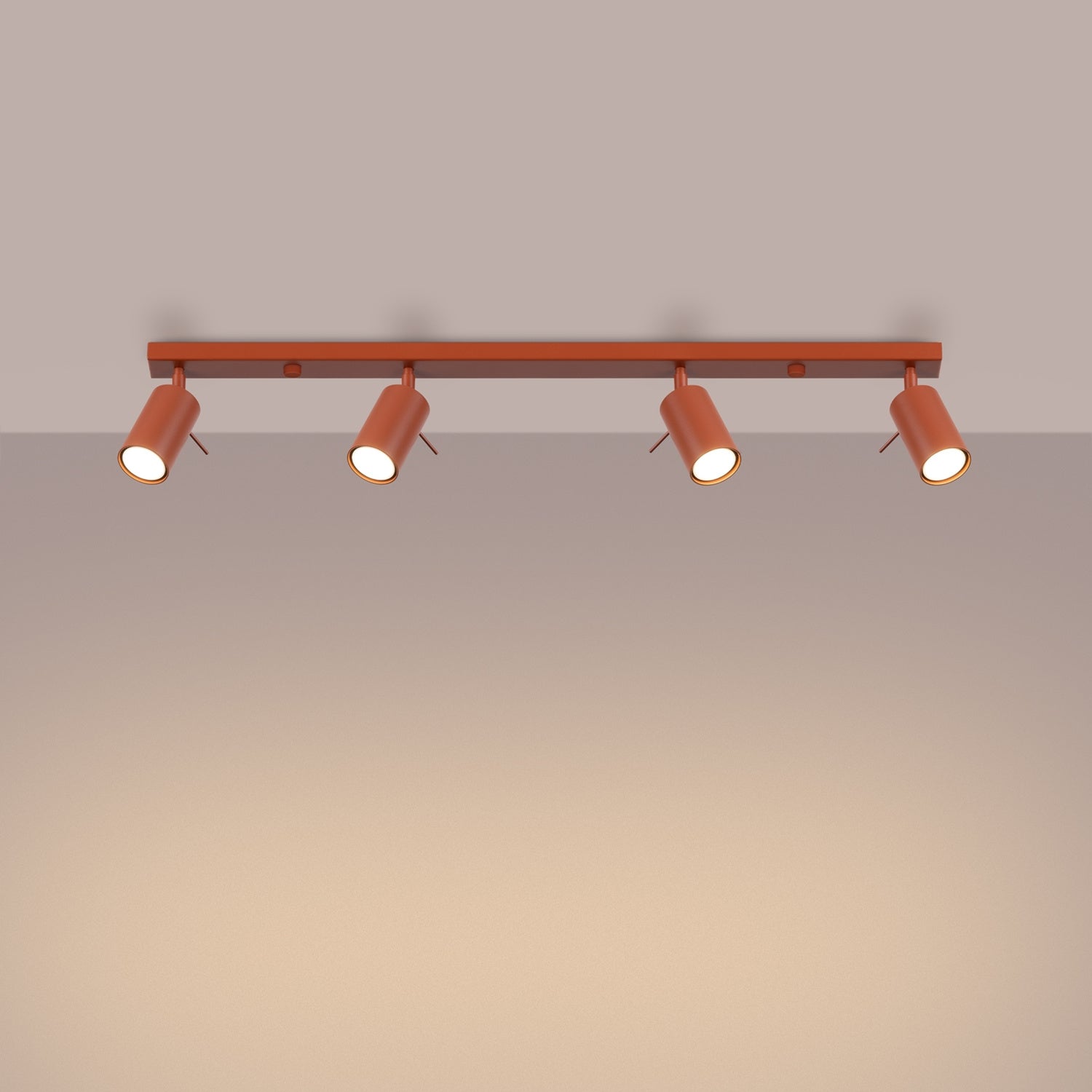 Plafonnier Ring rampe 4 spots acier rouge ocre GU10 allumé