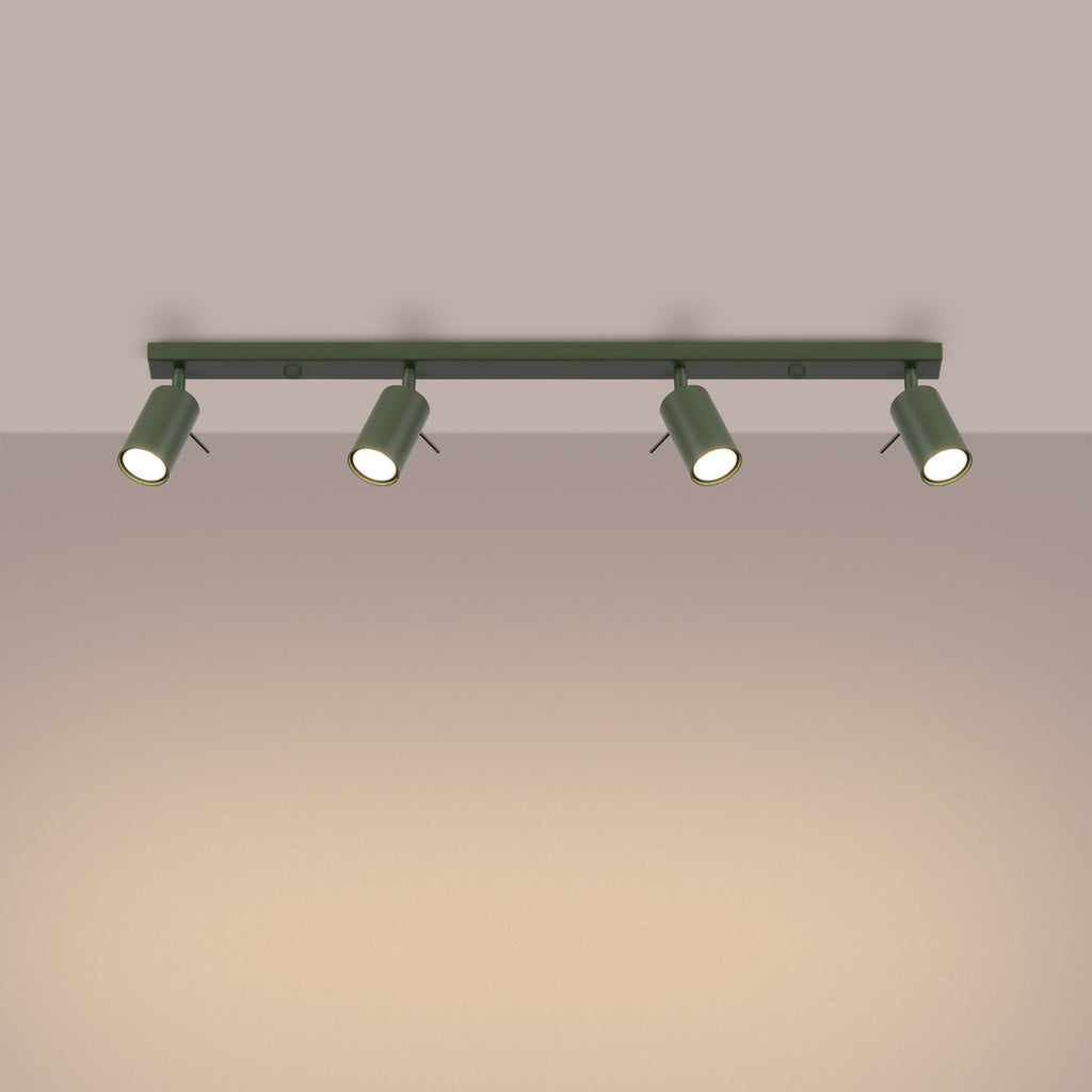 Plafonnier Ring rampe 4 spots acier vert olive GU10 allumé