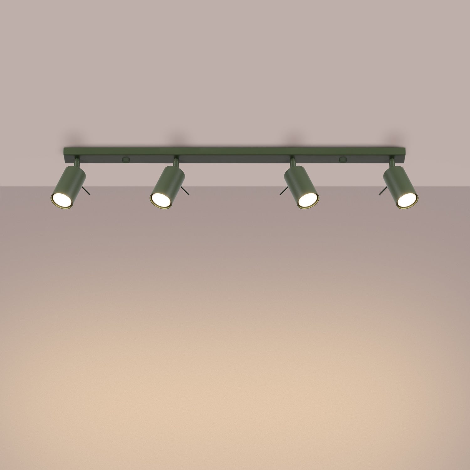 Plafonnier Ring rampe 4 spots acier vert olive GU10 allumé