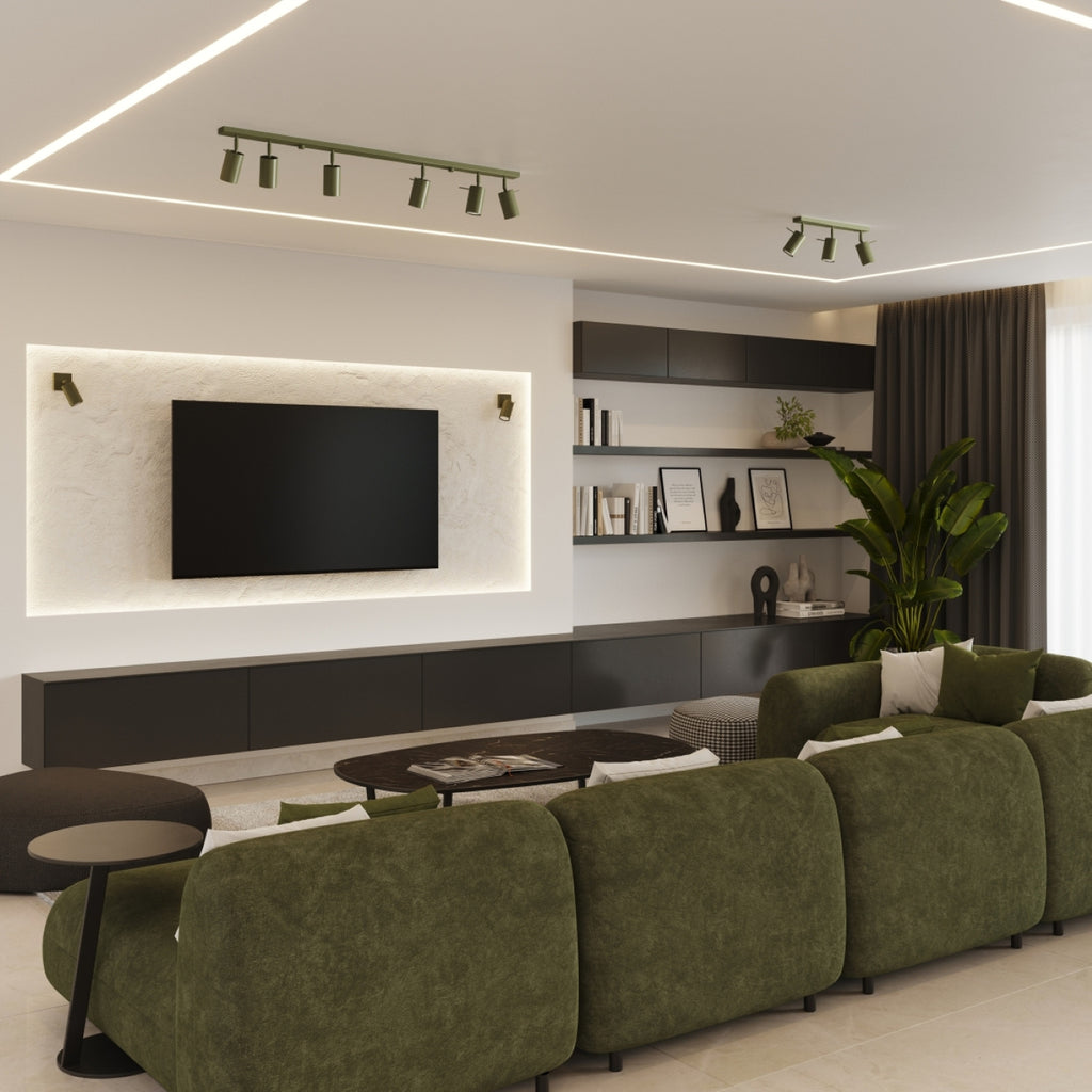 Plafonnier Ring rampe 4 spots acier vert olive GU10, ambiance chaleureuse