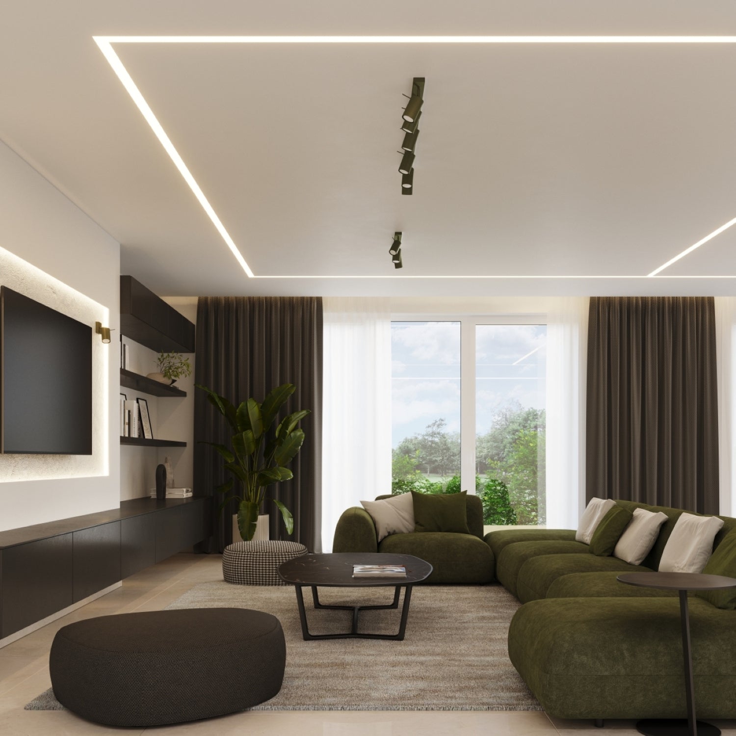 Plafonnier Ring rampe 4 spots acier vert olive GU10 en ambiance