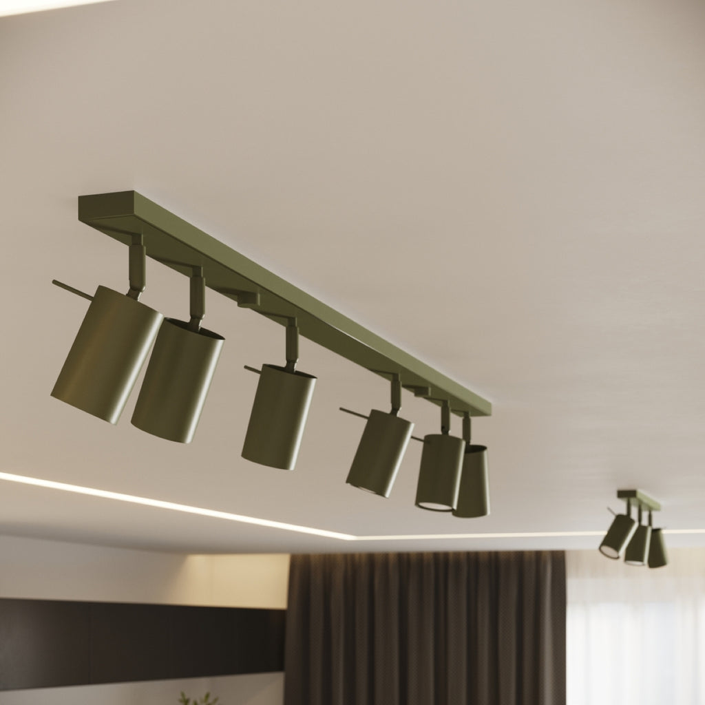 Plafonnier Ring rampe 4 spots acier vert olive GU10 en situation dans un intérieur