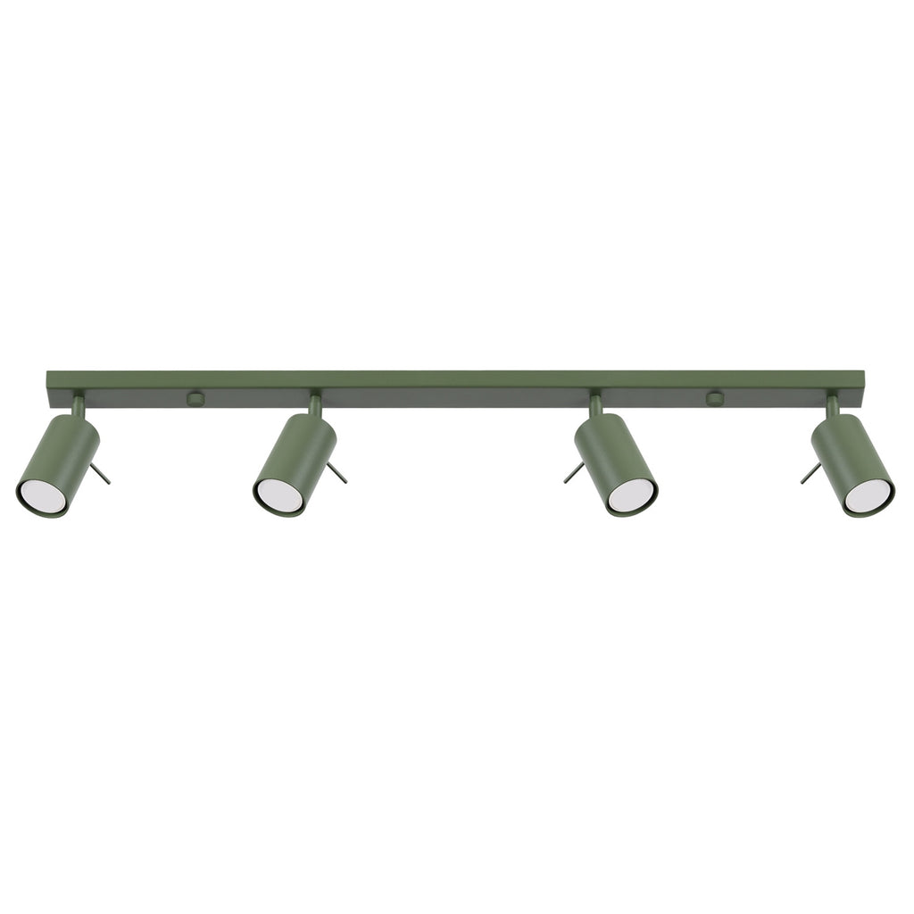 Plafonnier Ring rampe 4 spots acier vert olive GU10, spot cylindrique orientable en acier laqué