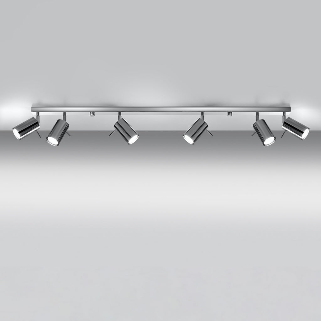 Plafonnier Ring rampe 6 spots en acier chromé, spots tubes orientables sur une longue barre, tête orientable