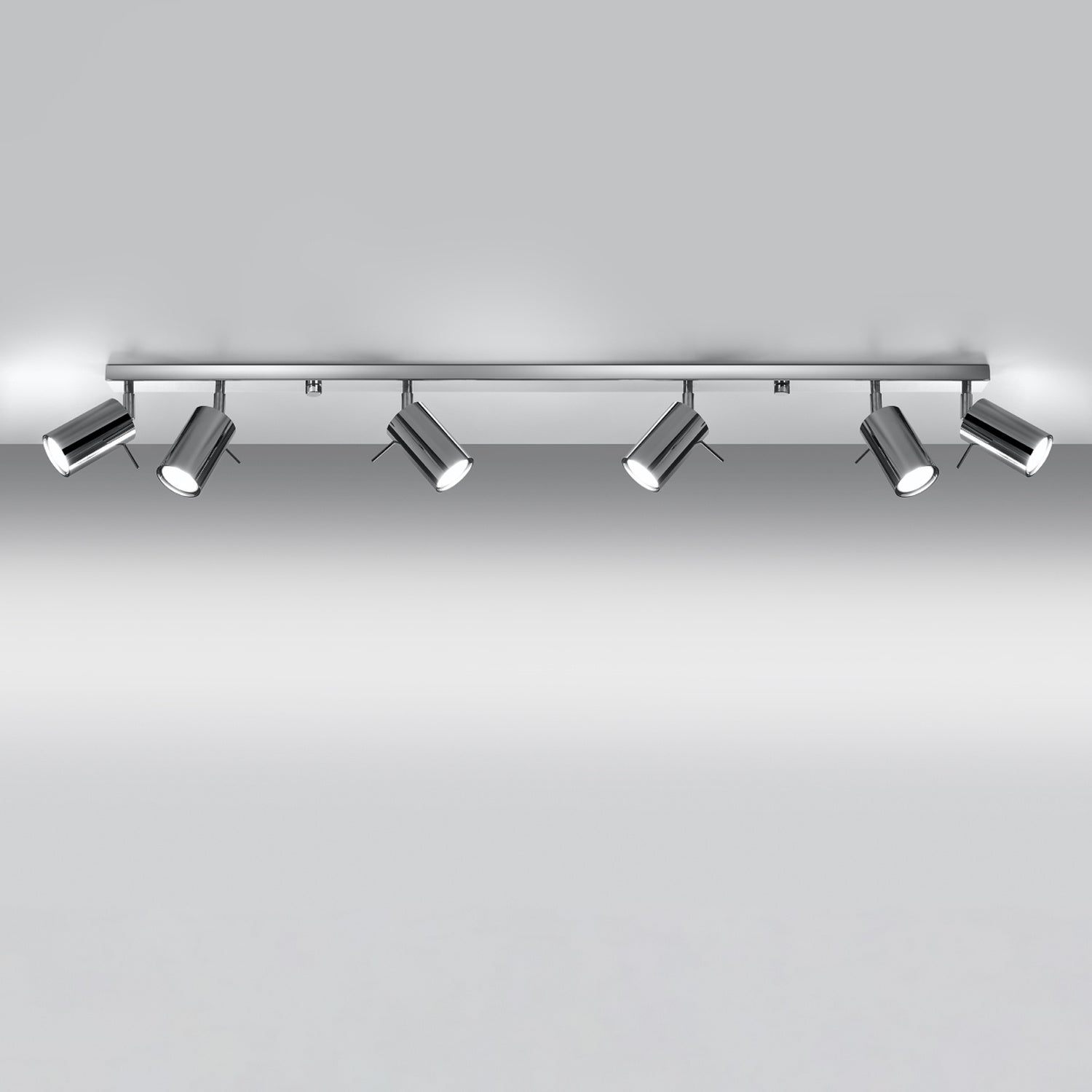 Plafonnier Ring rampe 6 spots en acier chromé, spots tubes orientables sur une longue barre, tête orientable