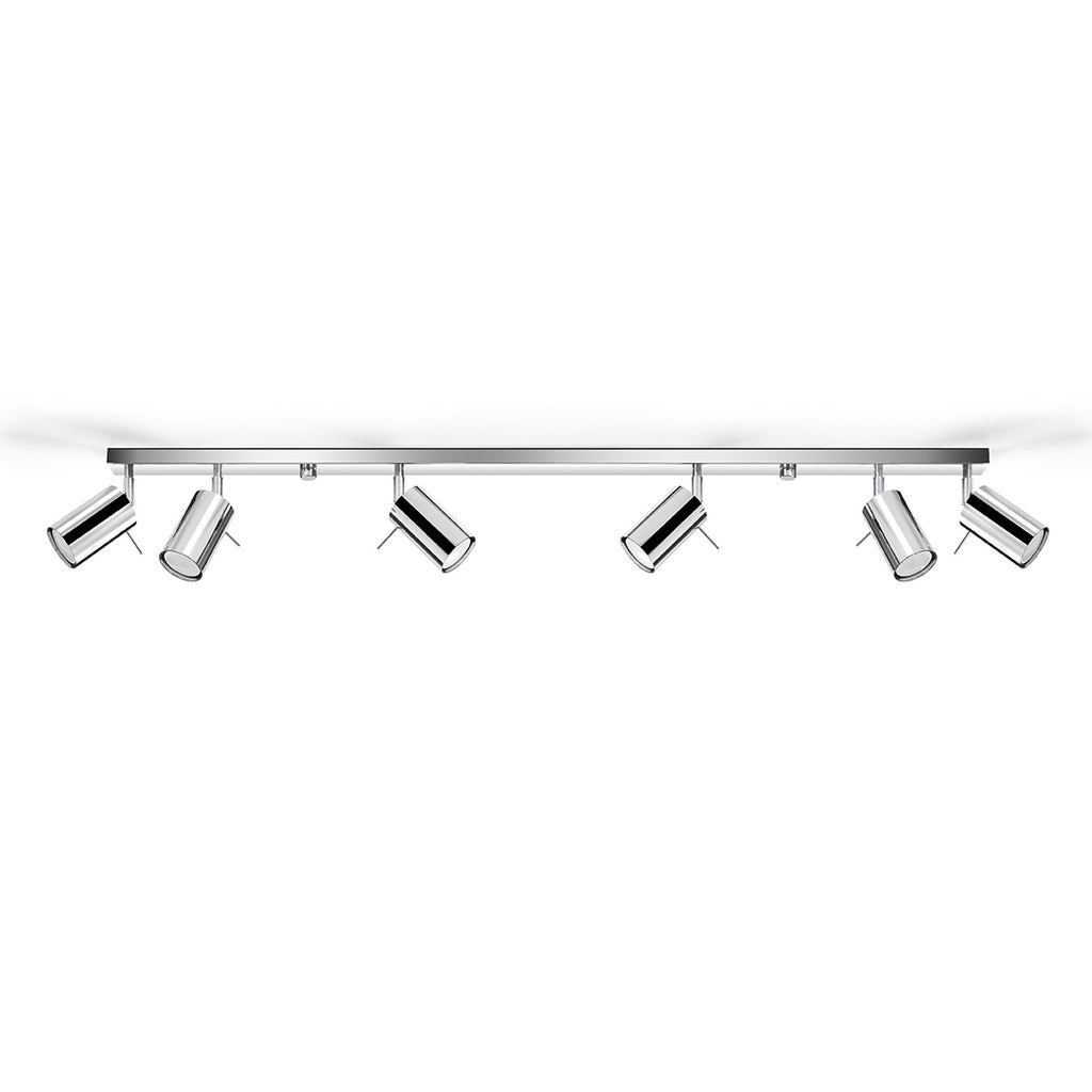 Plafonnier Ring rampe 6 spots en acier chromé, spots tubes orientables sur une longue barre, vue de profil