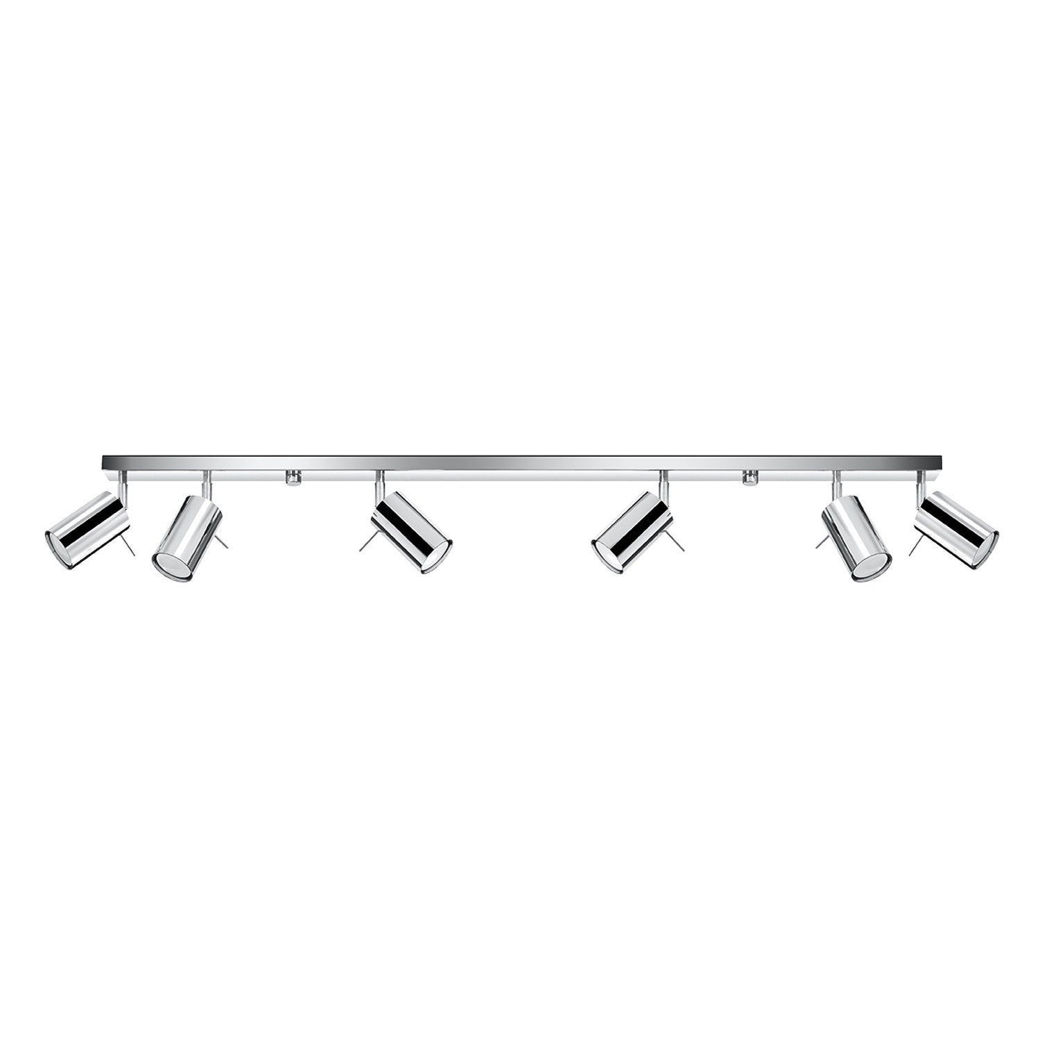 Plafonnier Ring rampe 6 spots en acier chromé, spots tubes orientables sur une longue barre, vue de face