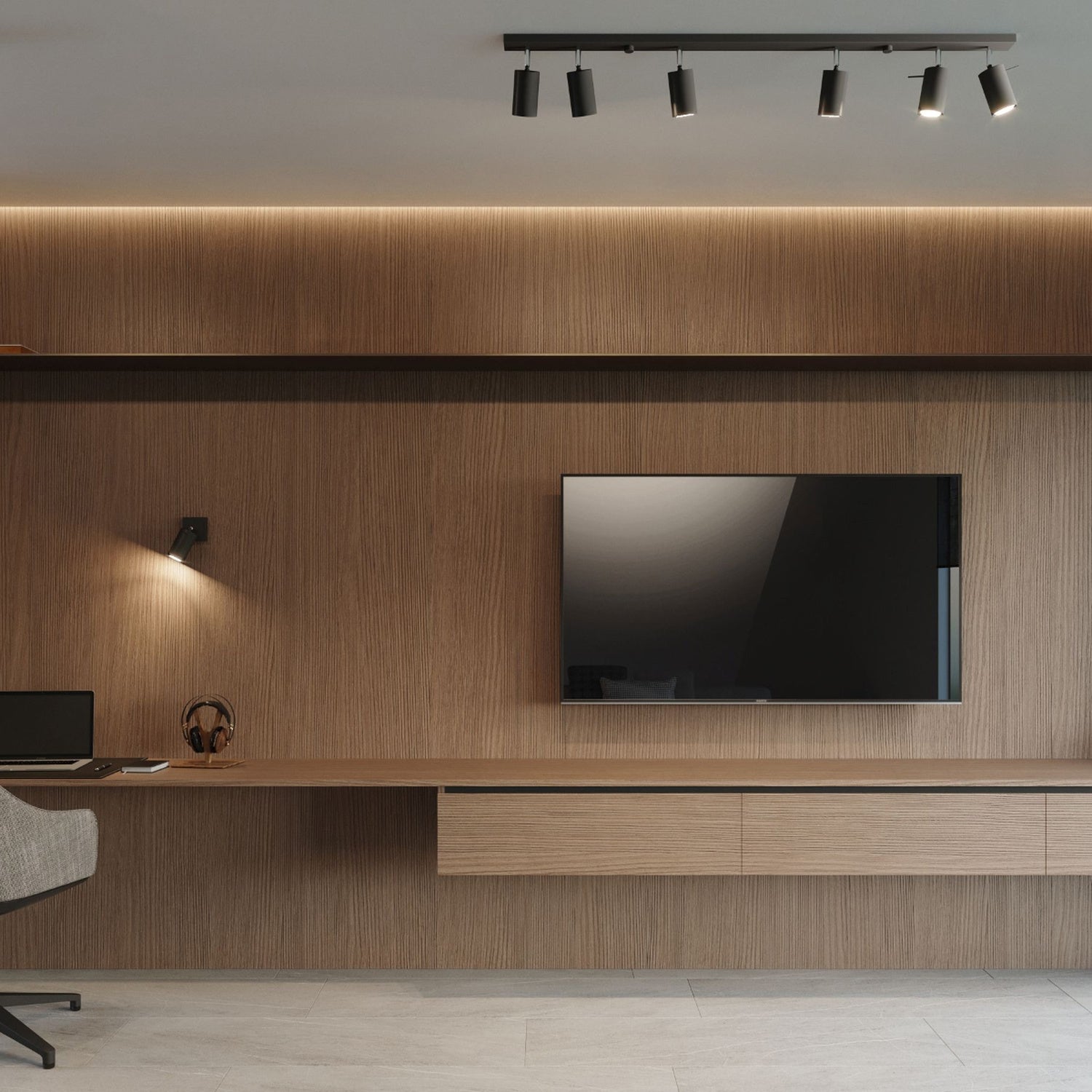 Rampe de spots Ring noire éclairant un grand salon moderne