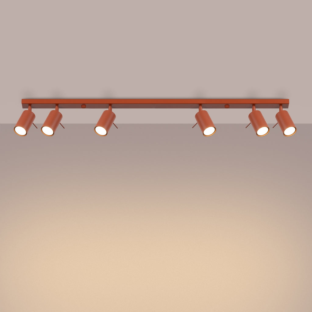 Plafonnier Ring rampe 6 spots acier rouge ocre GU10 allumé