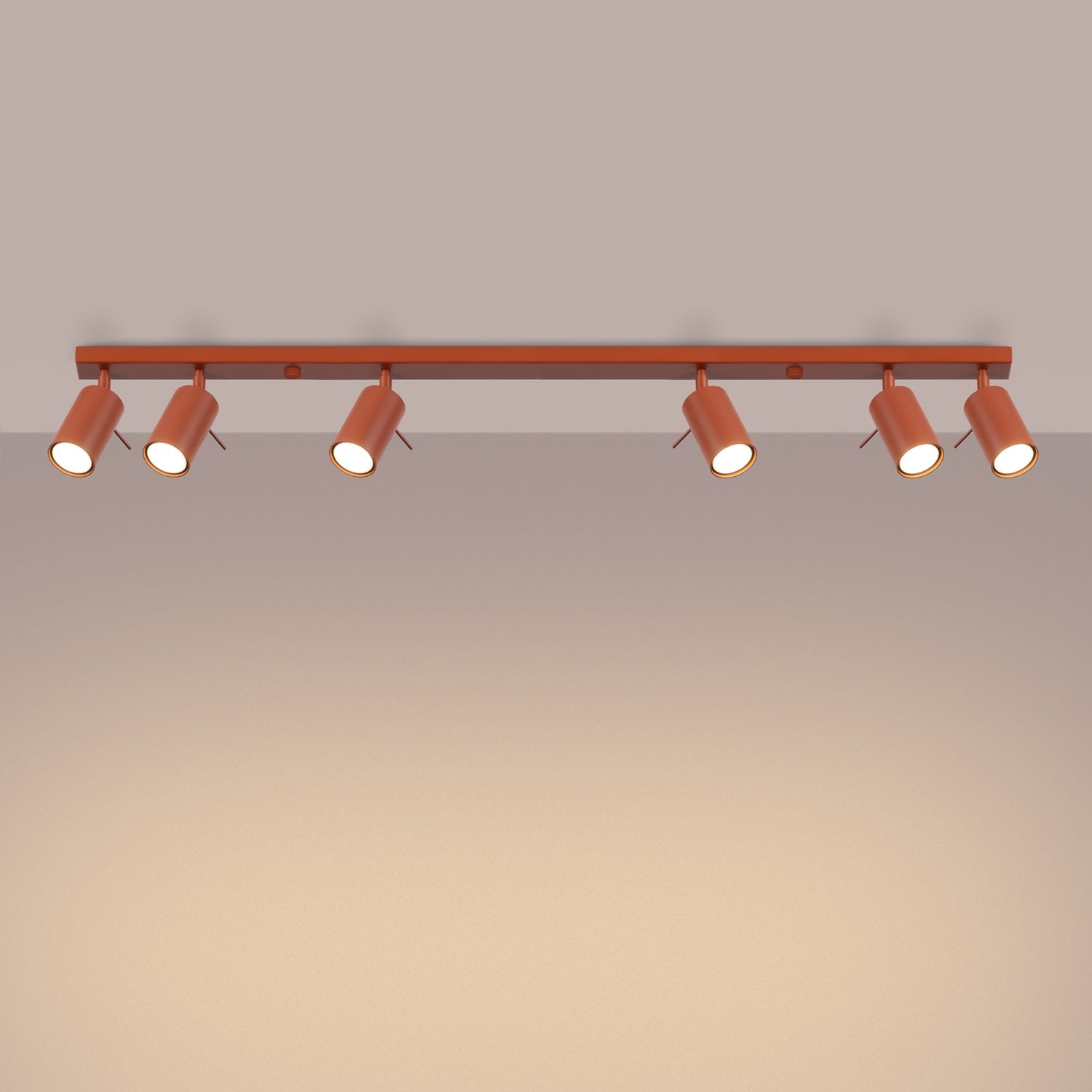 Plafonnier Ring rampe 6 spots acier rouge ocre GU10 allumé