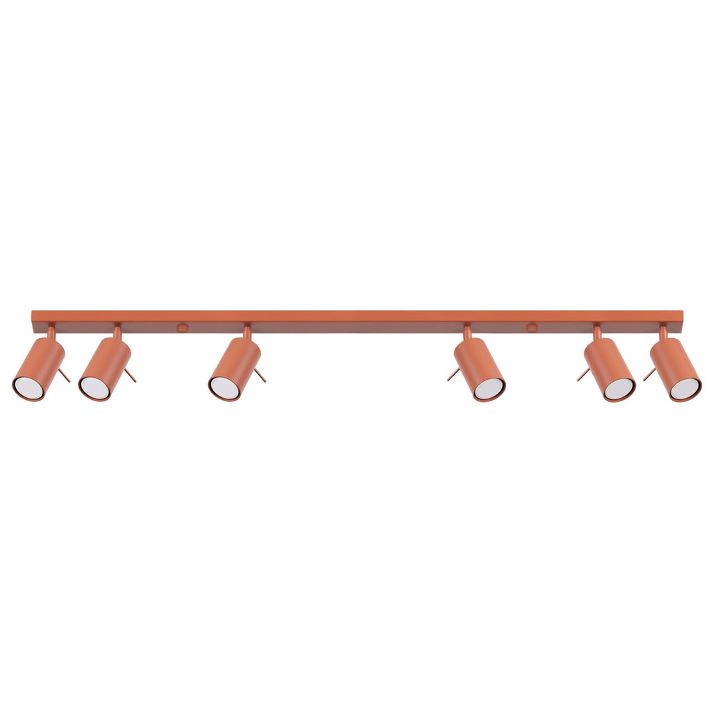 Plafonnier Ring rampe 6 spots acier rouge ocre GU10, spot cylindrique orientable en acier laqué