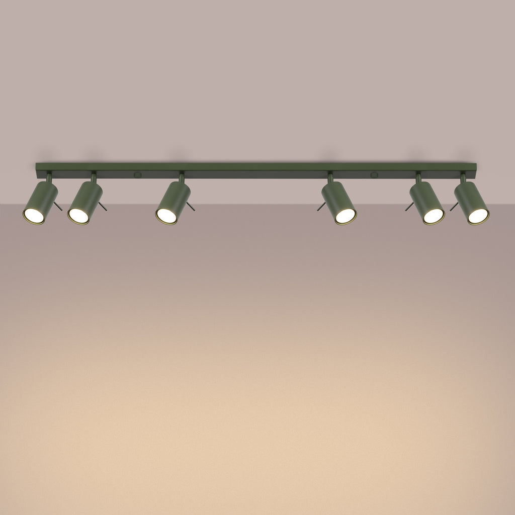 Plafonnier Ring rampe 6 spots acier vert olive GU10 allumé