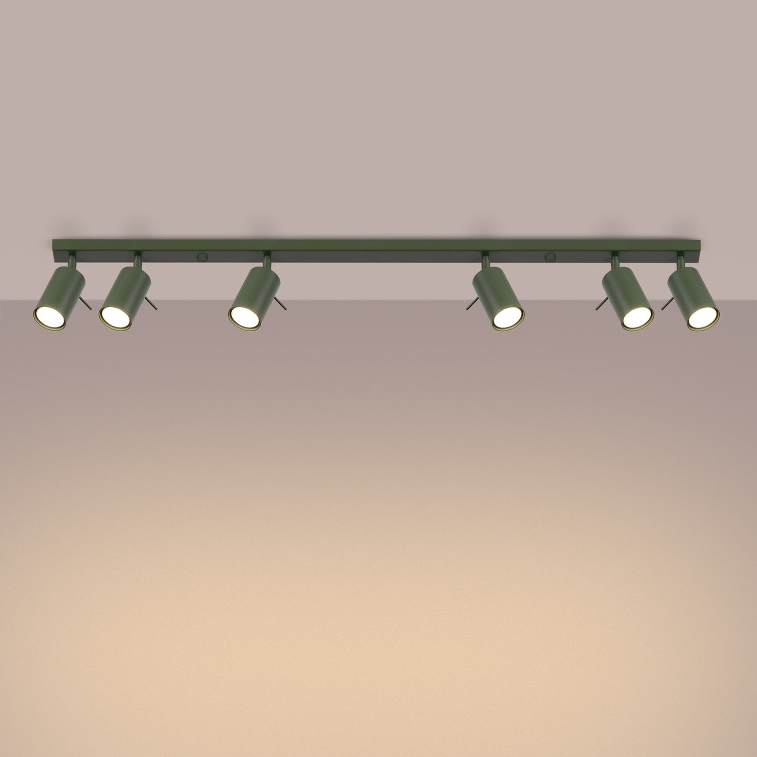 Plafonnier Ring rampe 6 spots acier vert olive GU10 allumé
