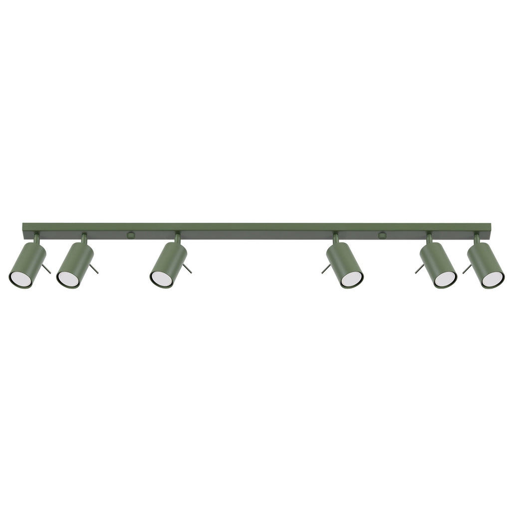 Plafonnier Ring rampe 6 spots acier vert olive GU10, spot cylindrique orientable en acier laqué