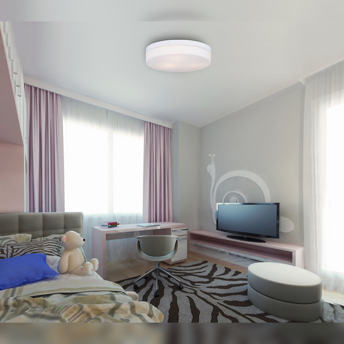 Plafonnier Oda métal blanc au plafond d'une chambre d'enfant avec bureau et lit
