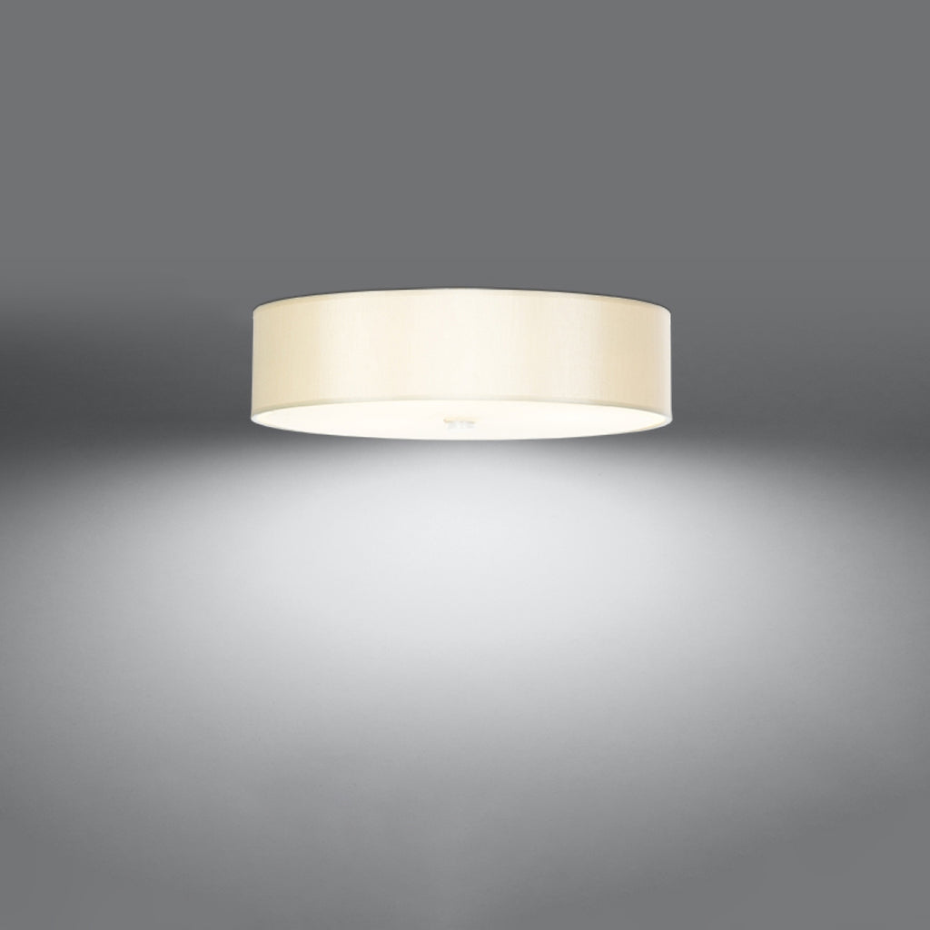 Plafonnier Skala 50 en tissu blanc allumé, lumière diffusée par le verre vers le bas