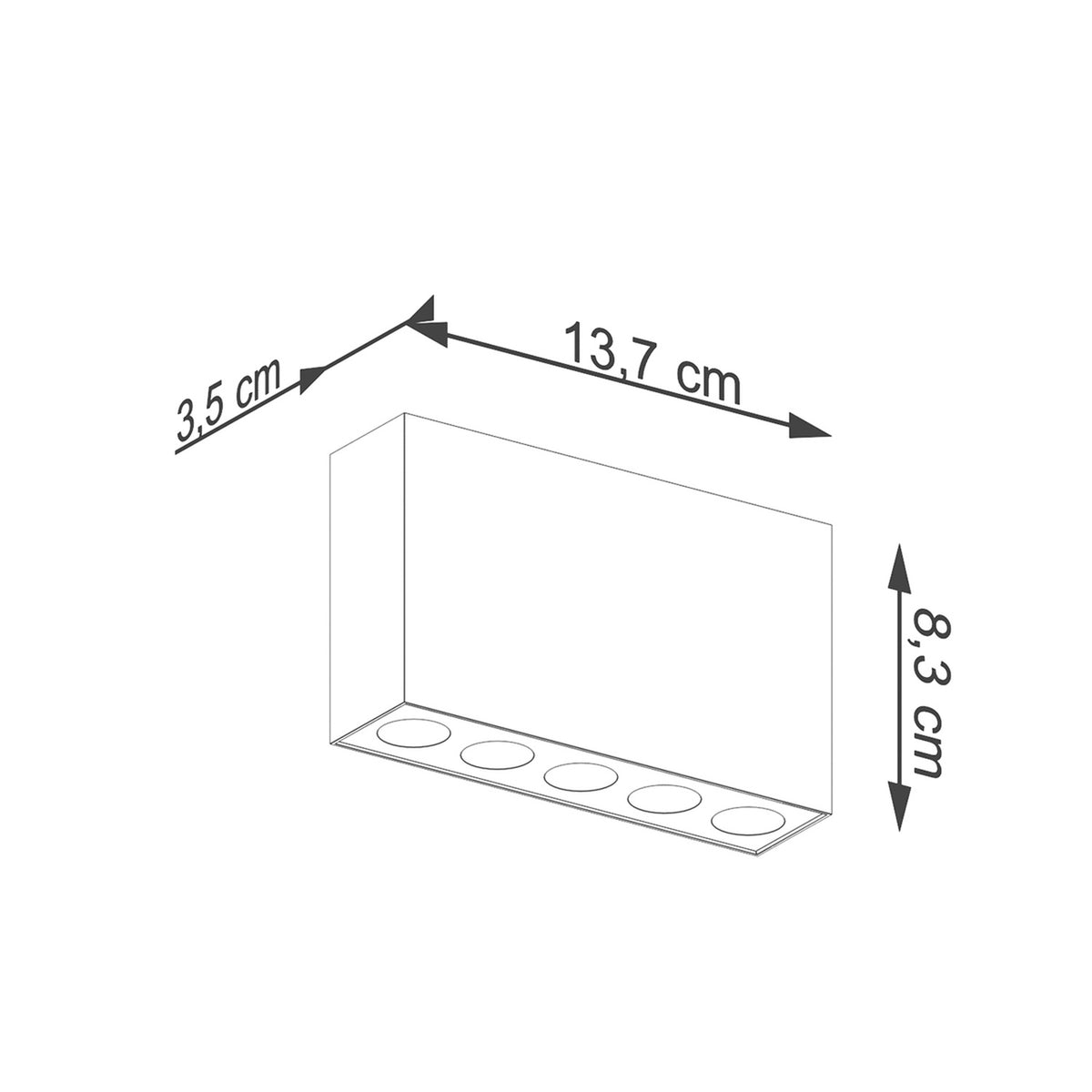 Schéma coté plafonnier Sole longueur 137 mm profondeur 35 mm hauteur 83 mm