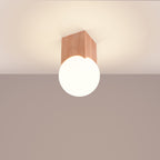 Plafonnier Solis bois naturel et verre opale G9 allumé, globe opale diffusant une lumière douce