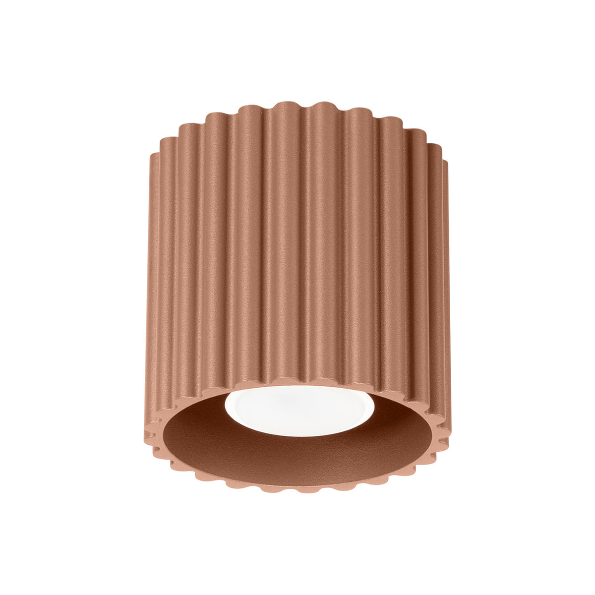 Plafonnier spot cannelé Aura 1 en laque brun moka vu de dessous avec son ouverture et sa base festonnée