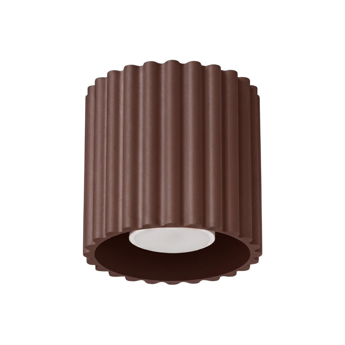 Plafonnier spot cannelé Aura 1 en laque brune vu de dessous avec son ouverture et sa base festonnée