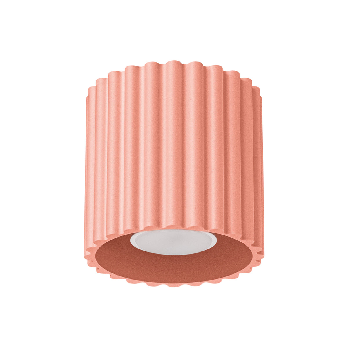 Plafonnier spot cannelé Aura 1 en laque rose pêche vu de dessous avec son ouverture et sa base festonnée